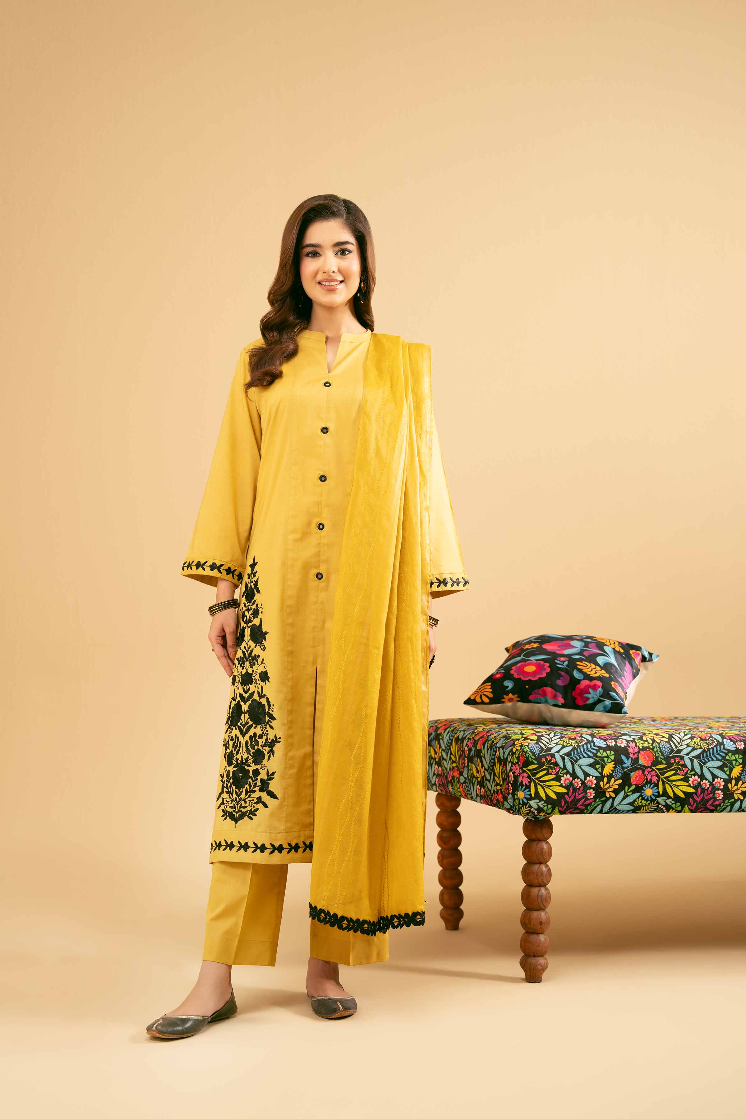 NishatUK - Yellow Embroidered Cambric 3-piece ready to wear Suit