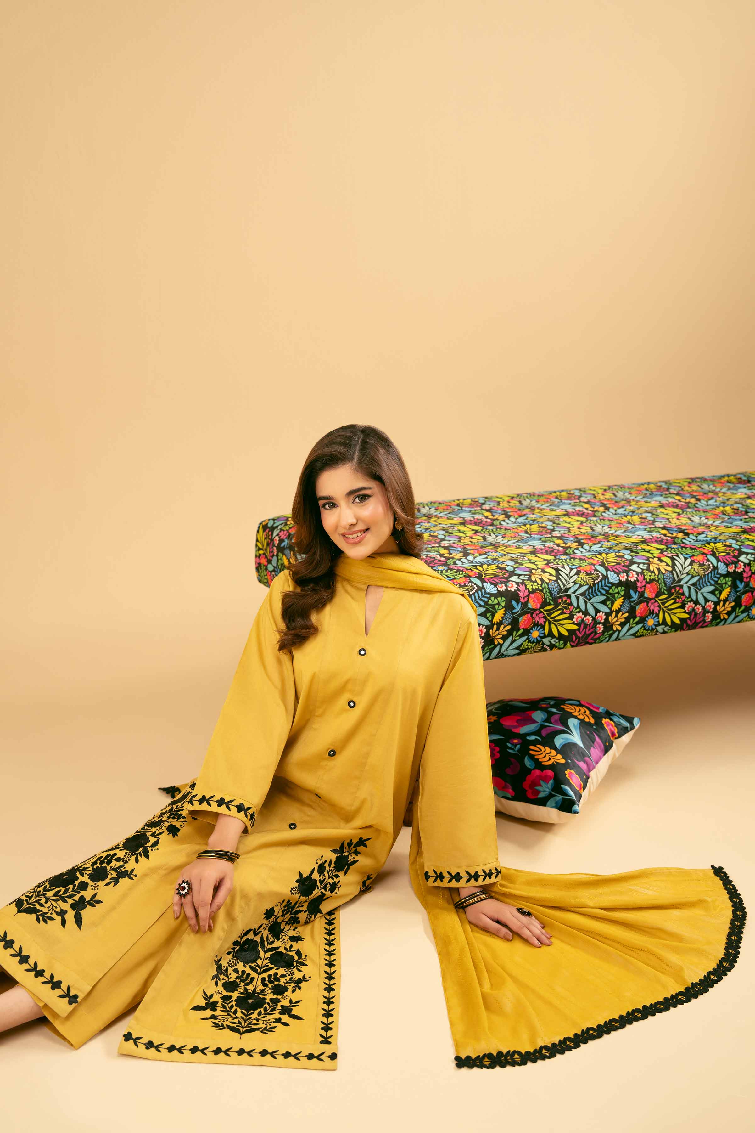NishatUK - Yellow Embroidered Cambric 3-piece ready to wear Suit