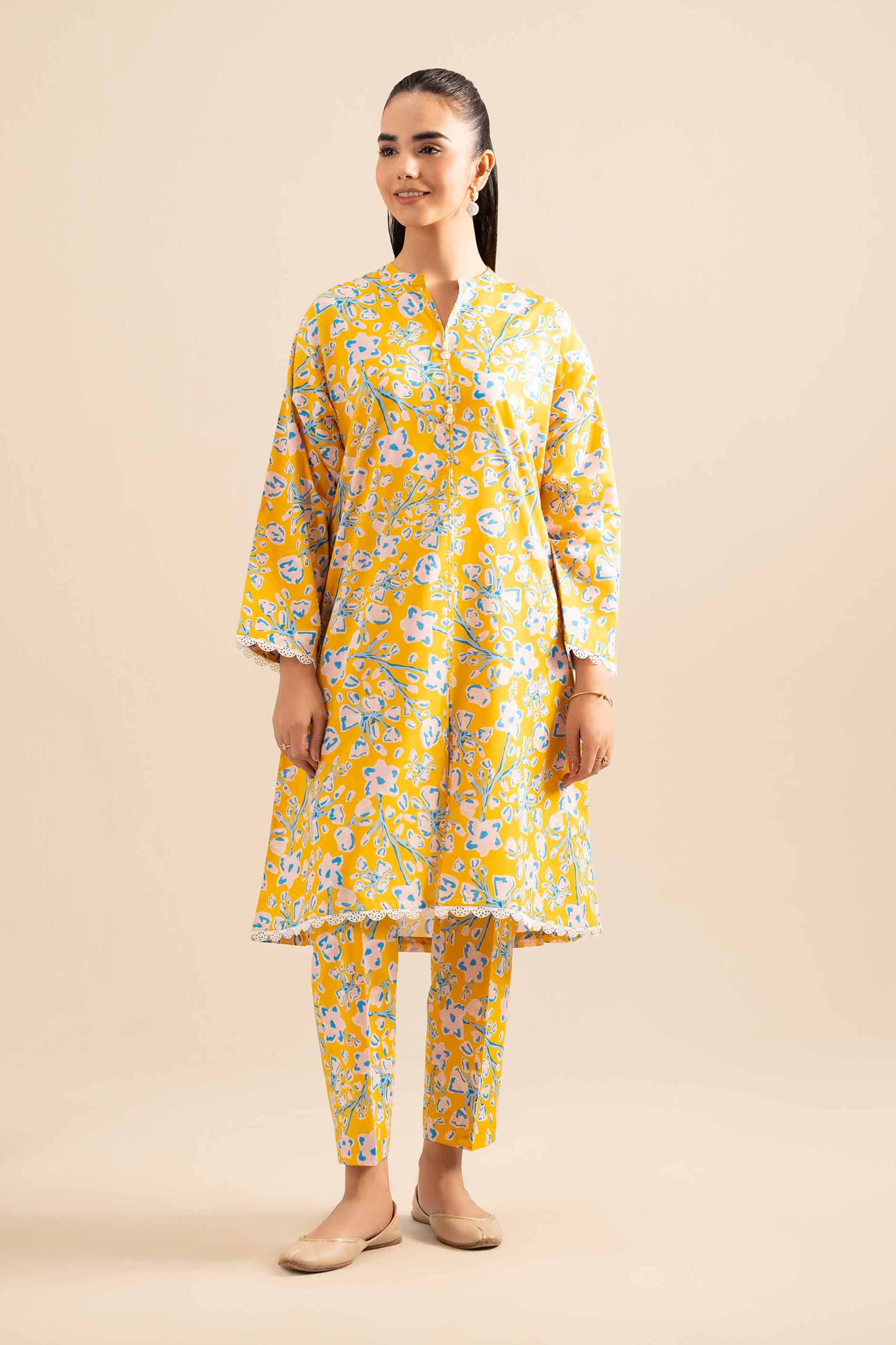 NishatUK - Yellow Printed Cotton 2-piece ready to wear Dress