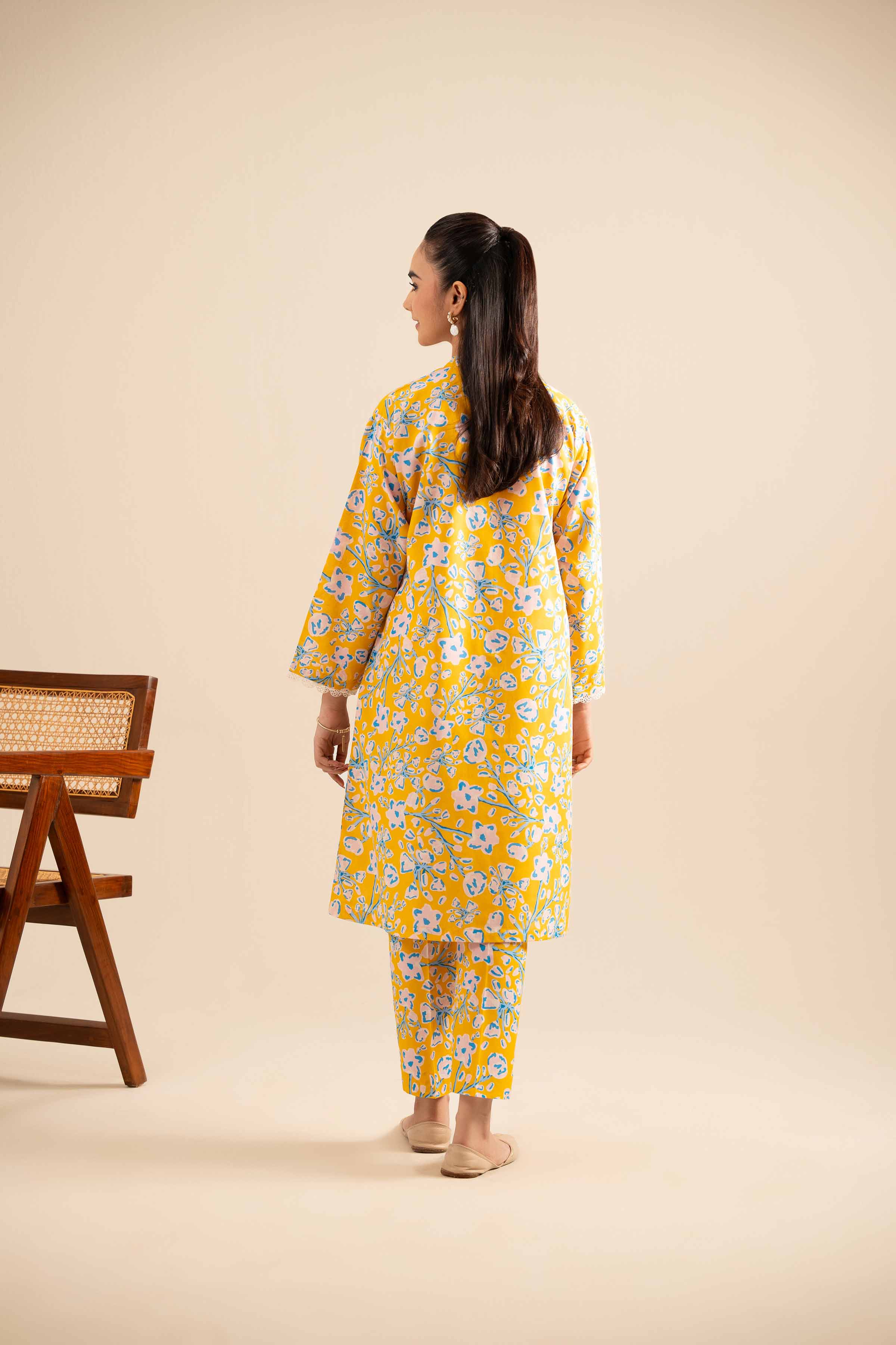 NishatUK - Yellow Printed Cotton 2-piece ready to wear Dress