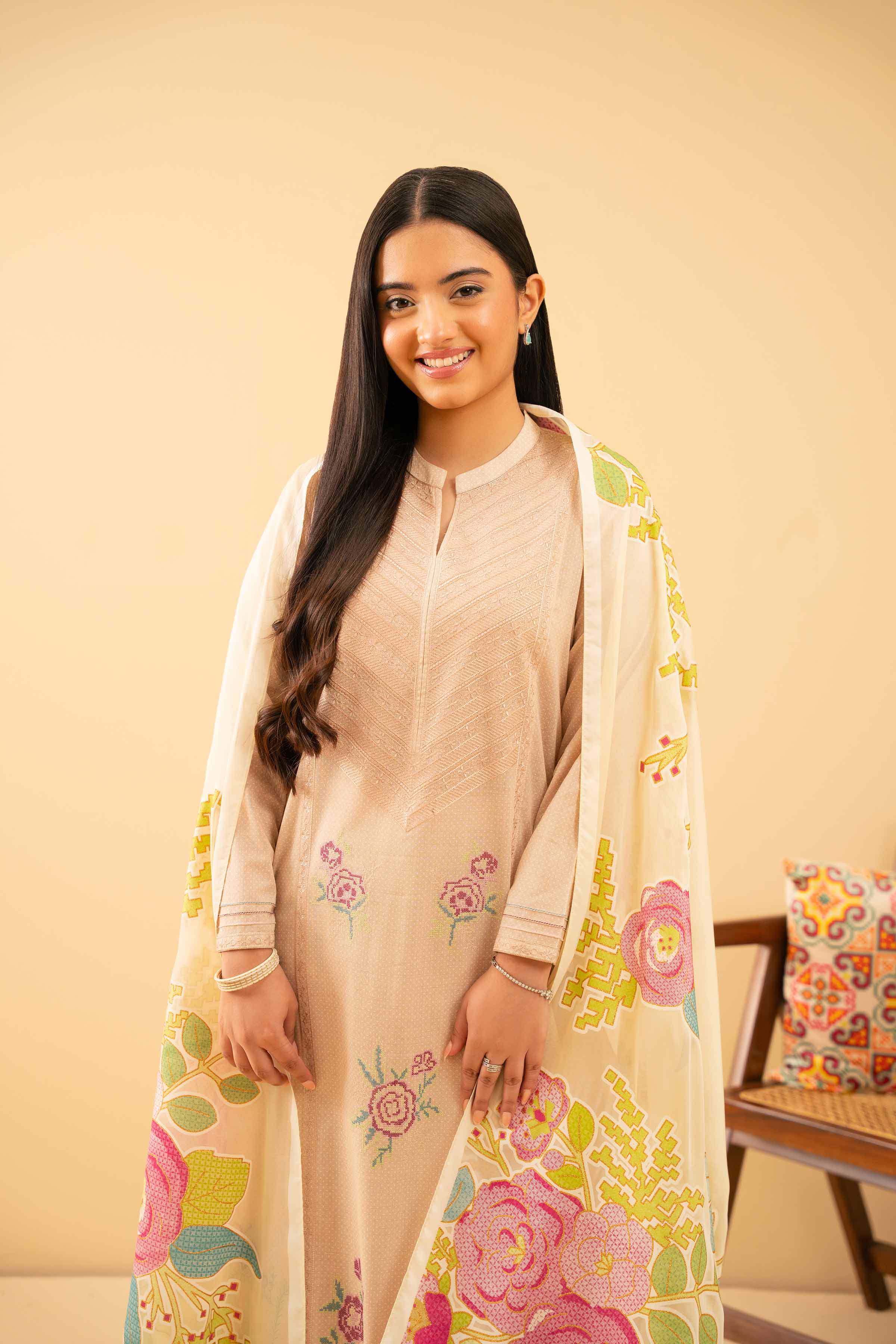 NishatUK - Beige Embroidered Lawn 3-piece ready to wear Suit
