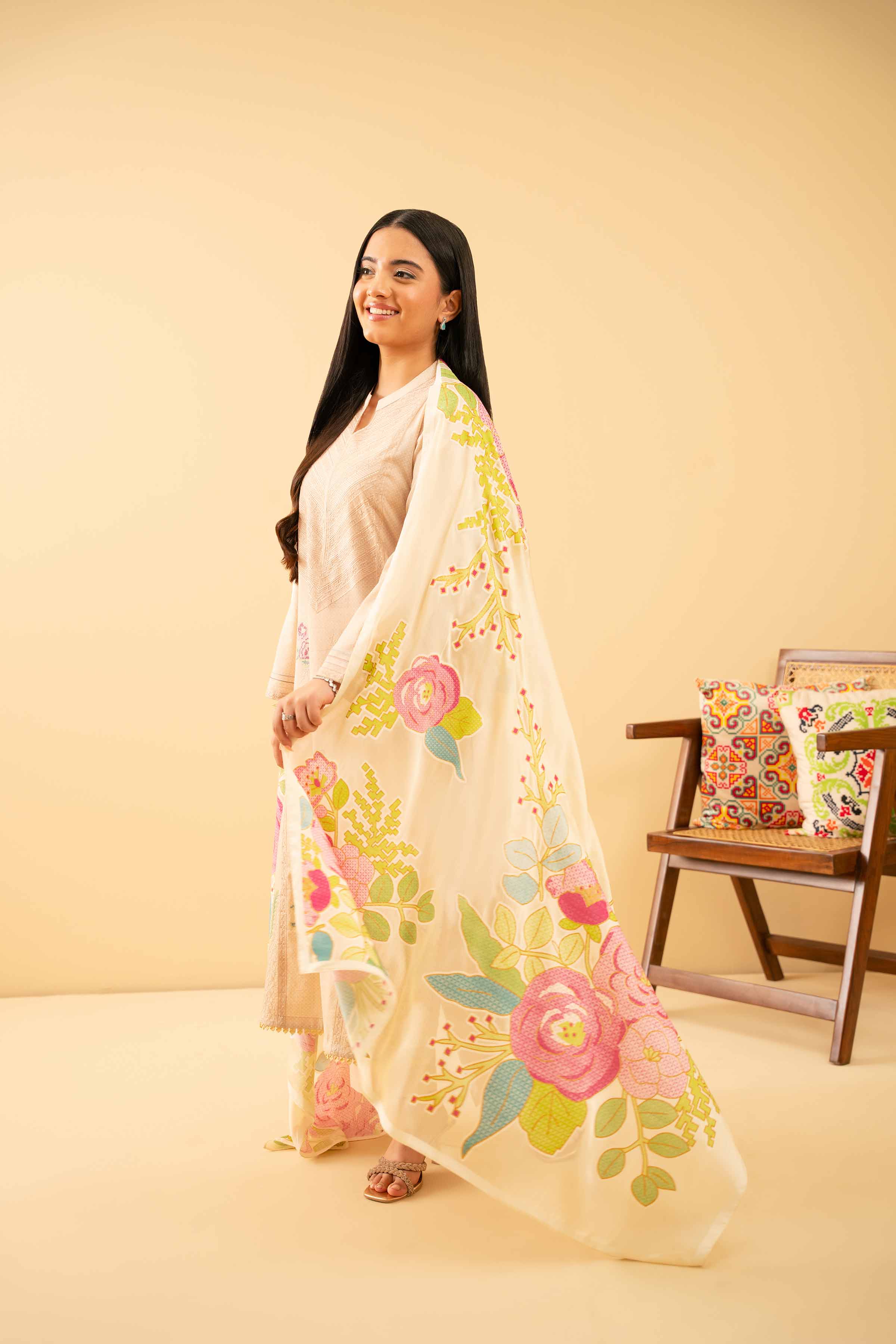 NishatUK - Beige Embroidered Lawn 3-piece ready to wear Suit