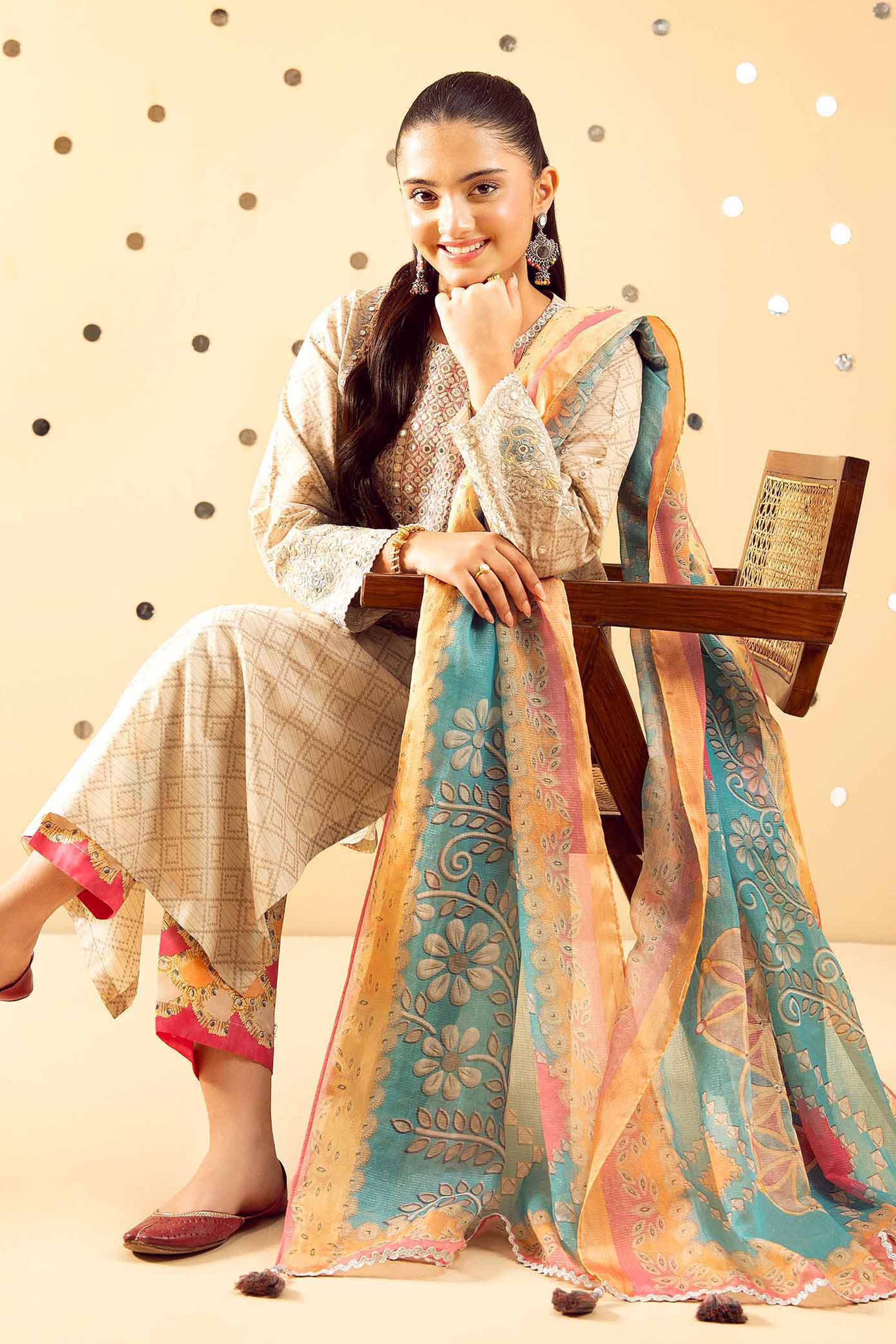 NishatUK - Beige Embroidered Lawn 3-piece ready to wear Suit