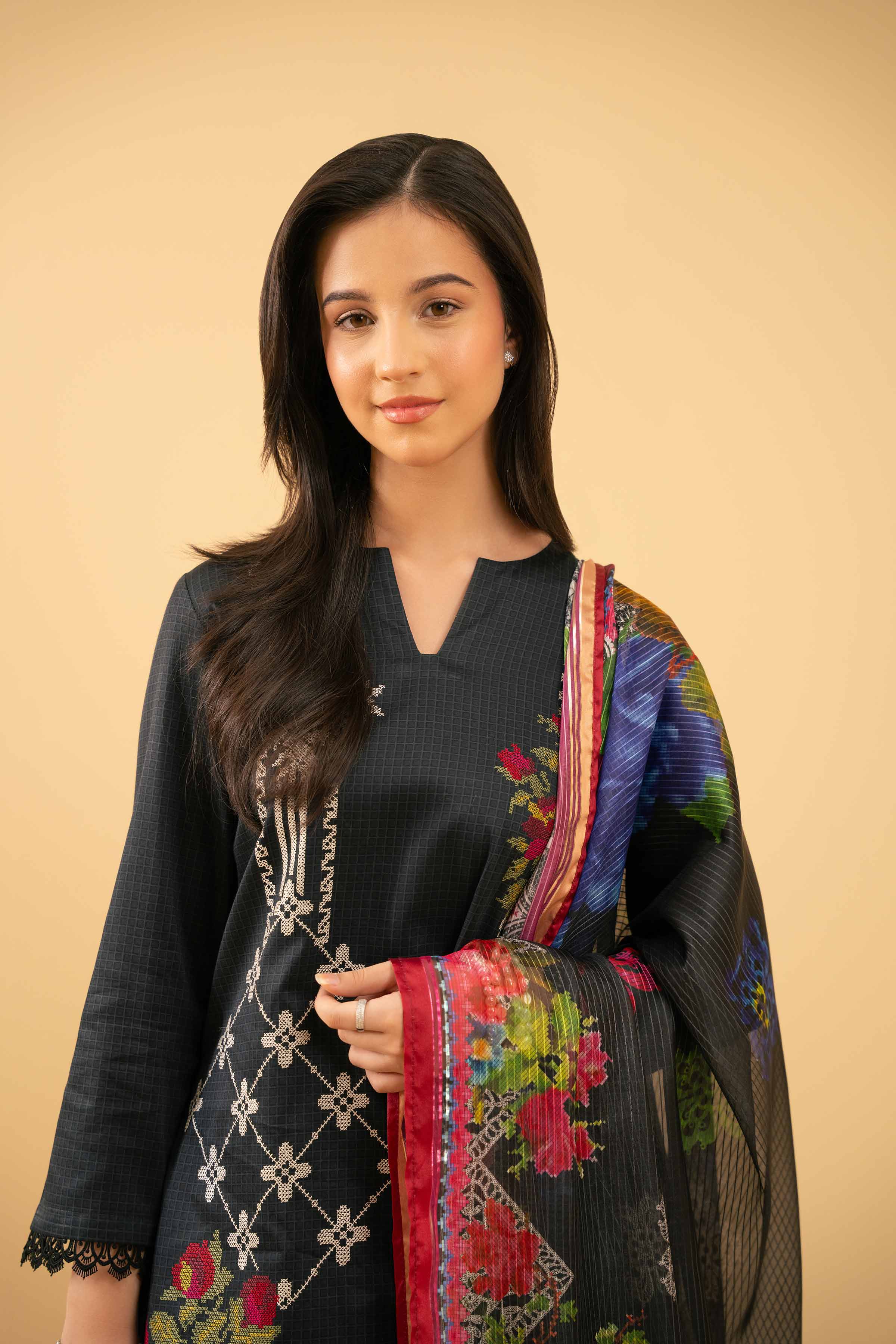 NishatUK - Black Embroidered Satin 3-piece ready to wear Suit