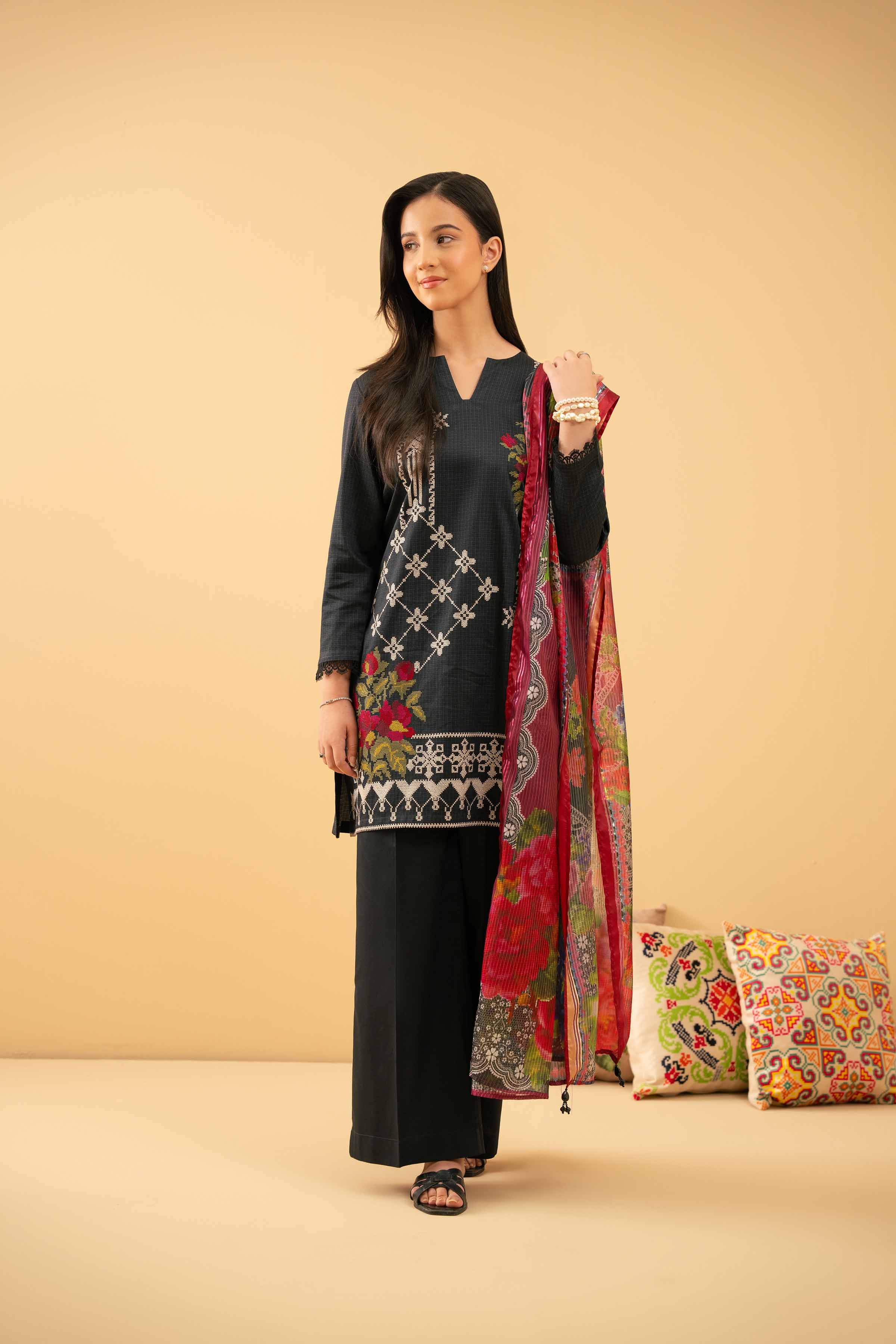 NishatUK - Black Embroidered Satin 3-piece ready to wear Suit