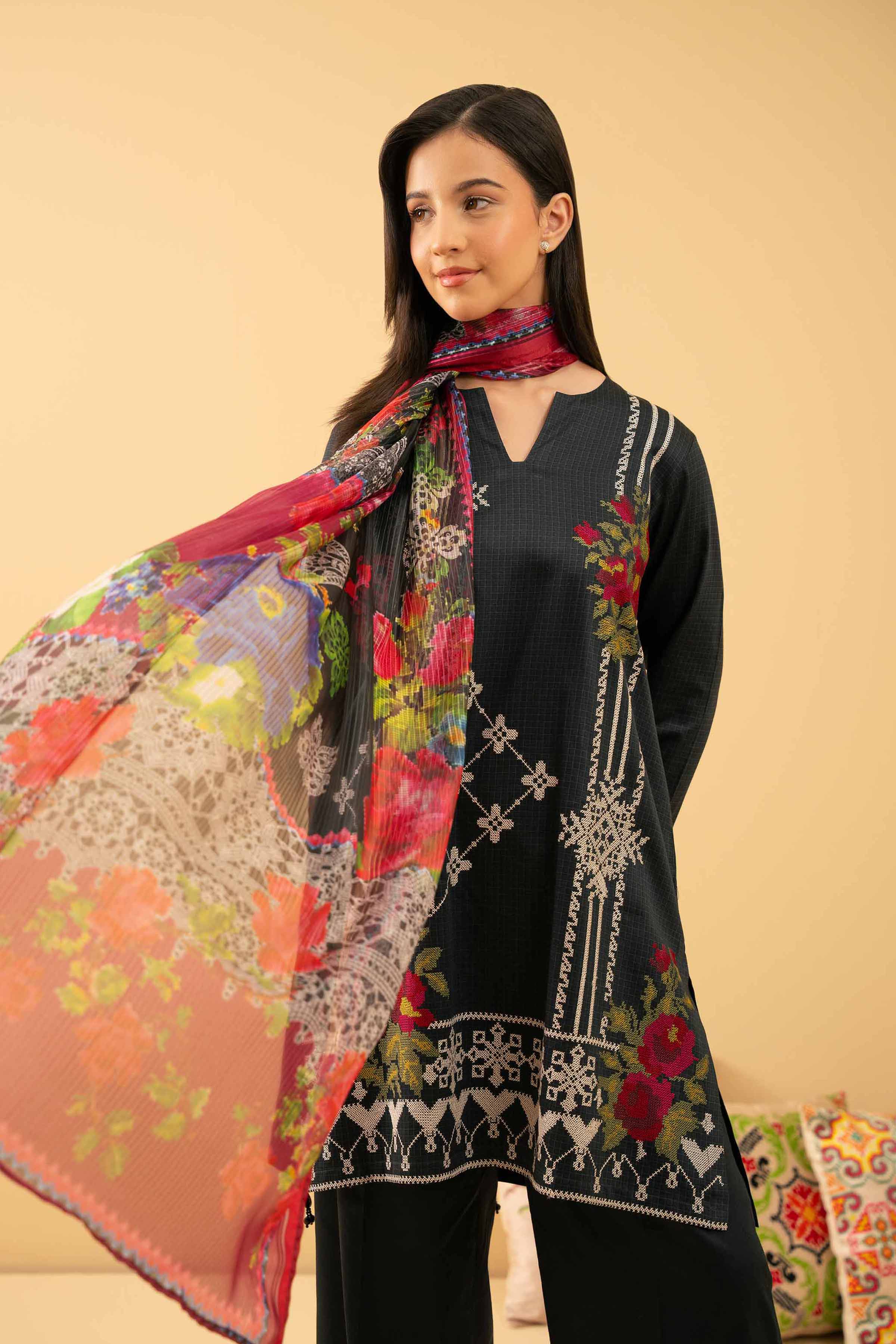 NishatUK - Black Embroidered Satin 3-piece ready to wear Suit