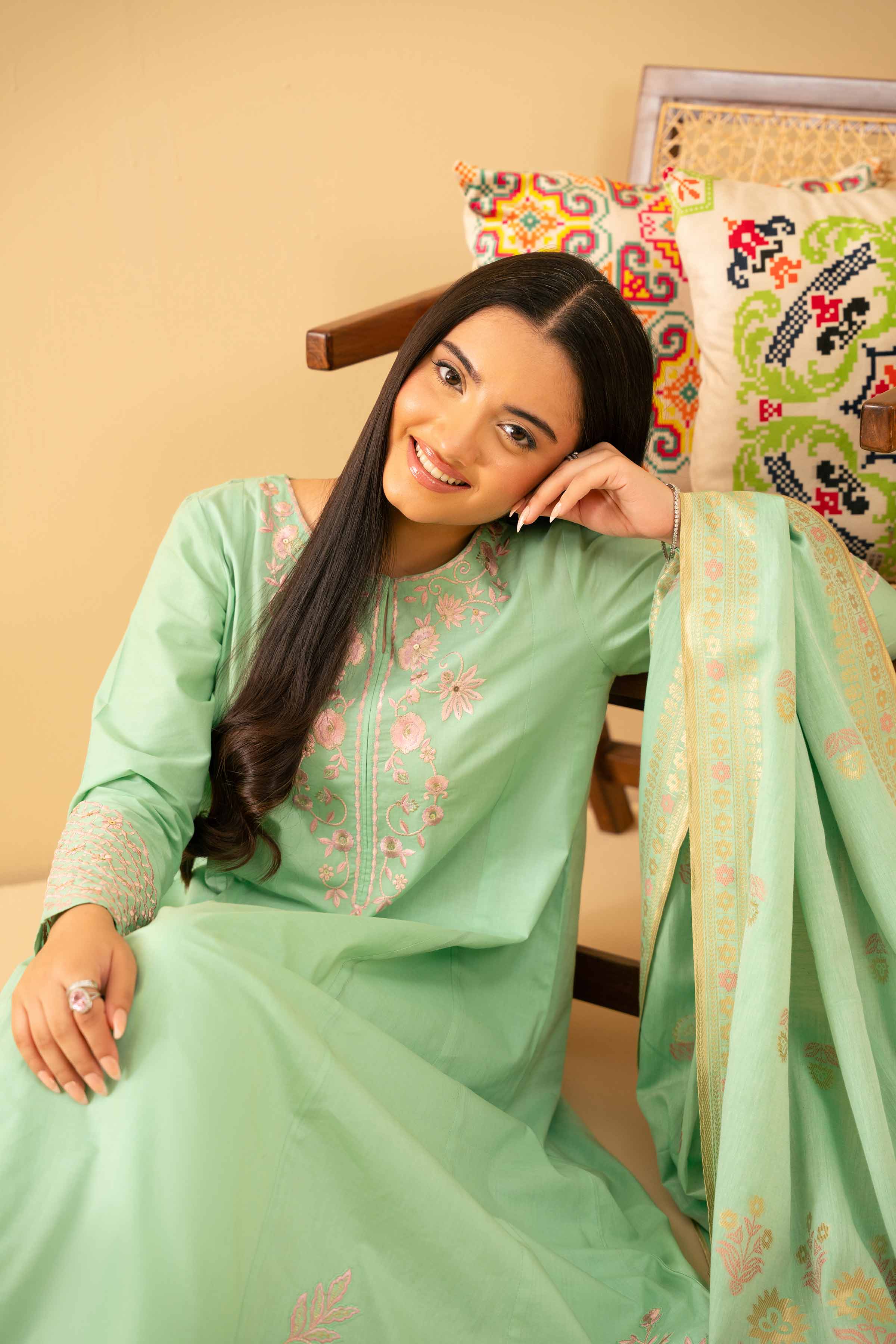 NishatUK - Green Embroidered Cambric 3-piece ready to wear Suit