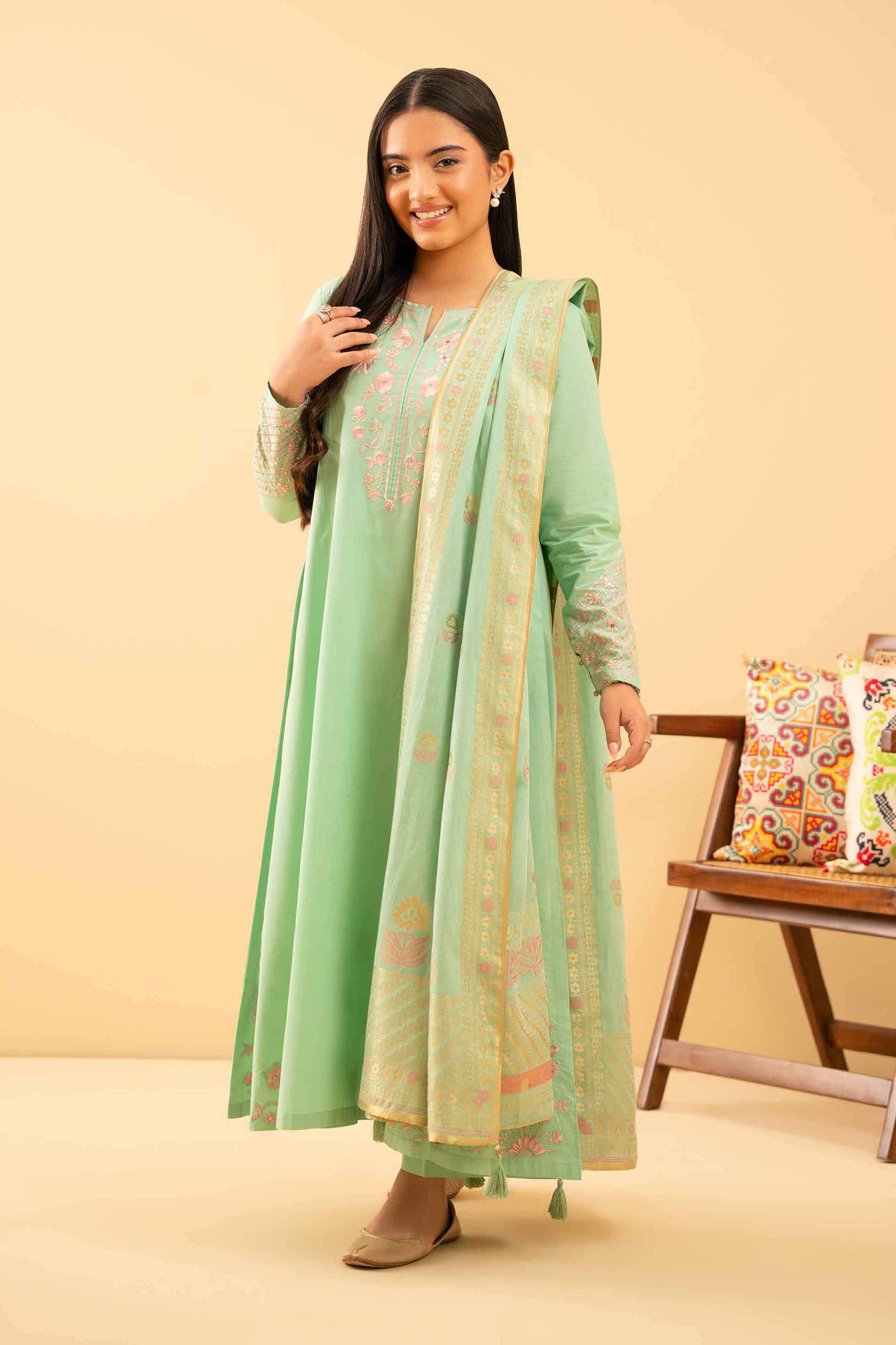 NishatUK - Green Embroidered Cambric 3-piece ready to wear Suit