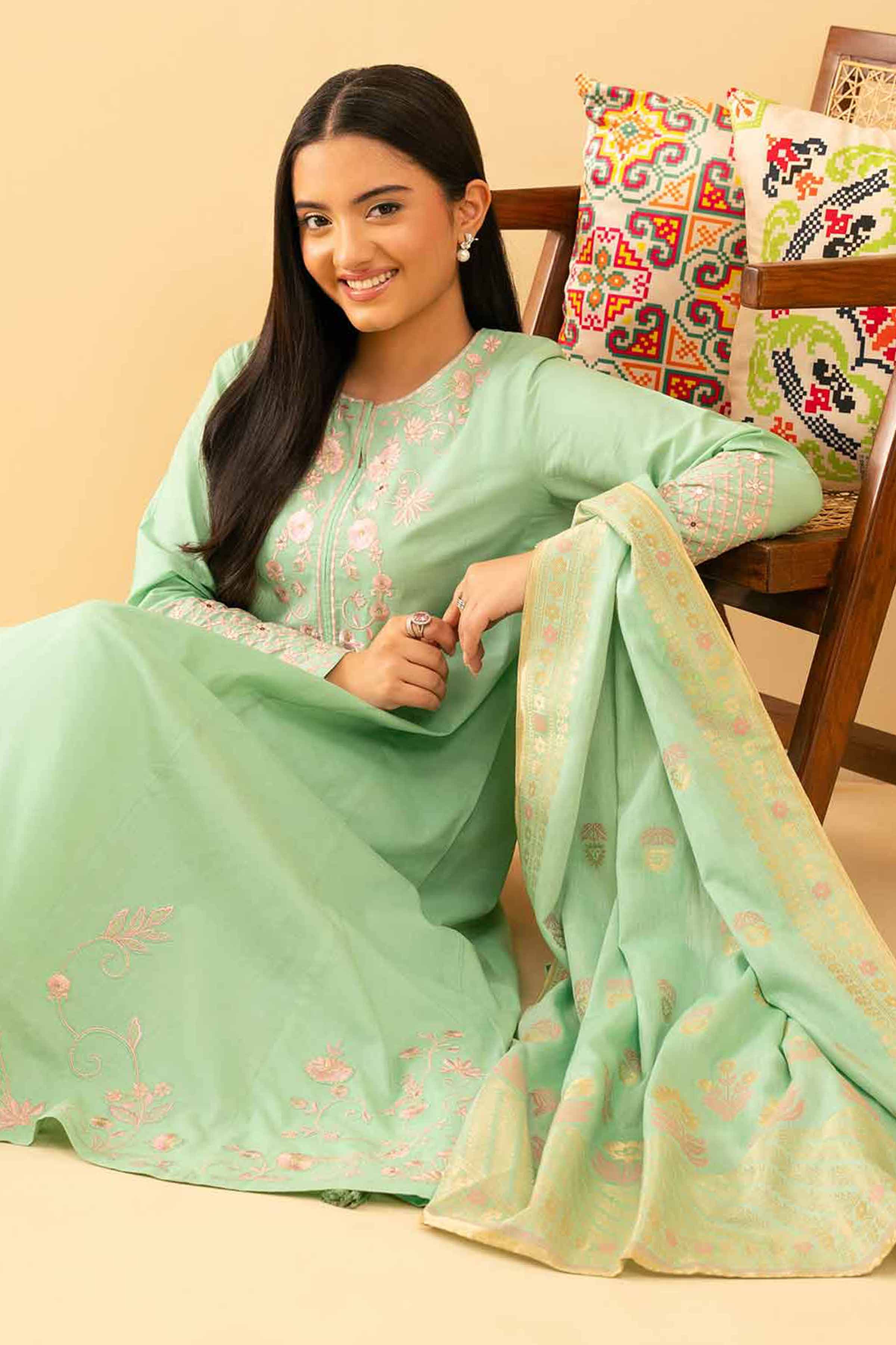 NishatUK - Green Embroidered Cambric 3-piece ready to wear Suit