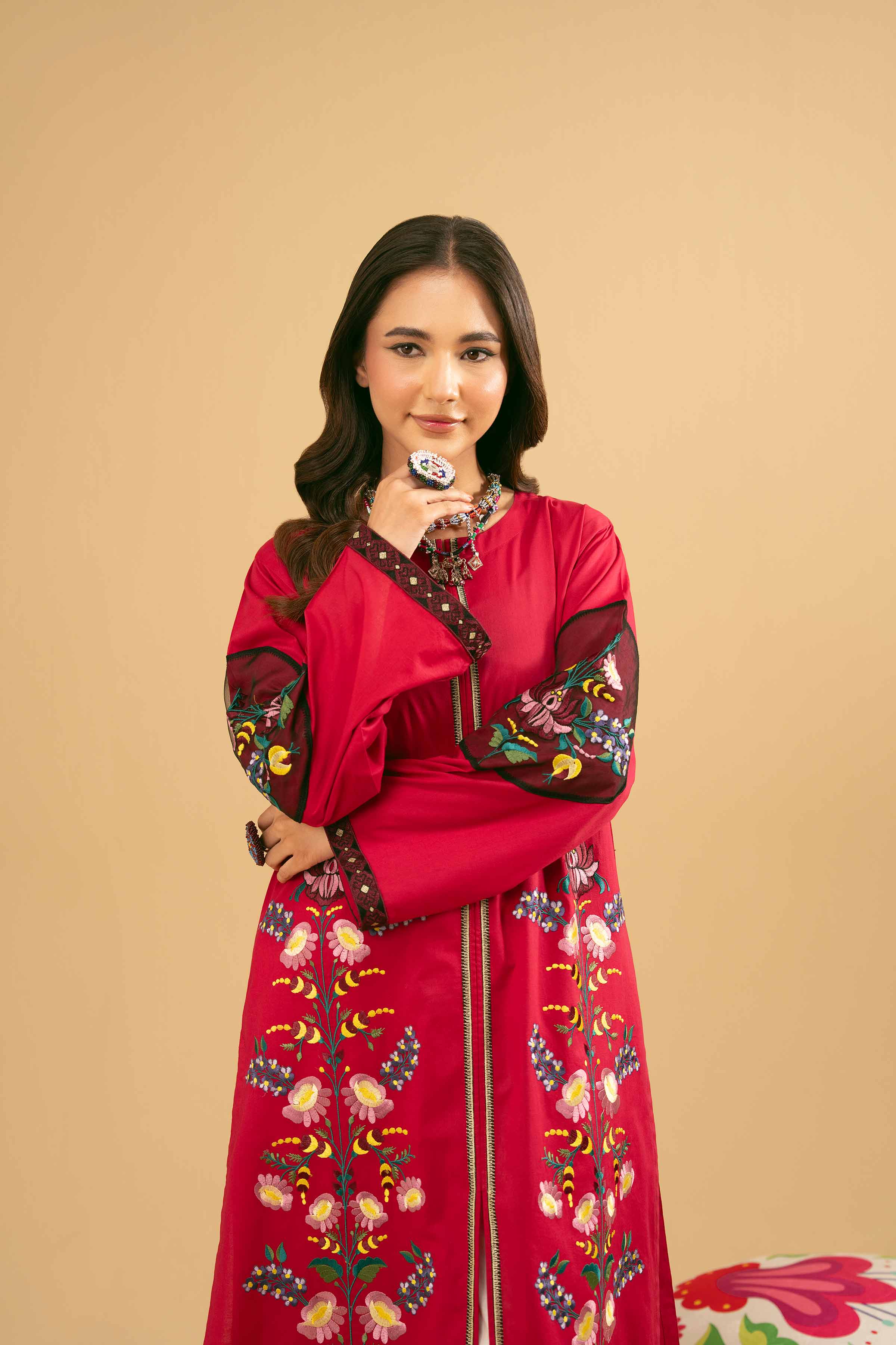 NishatUK - Shocking Pink Embroidered Cambric 1-piece ready to wear Kurta