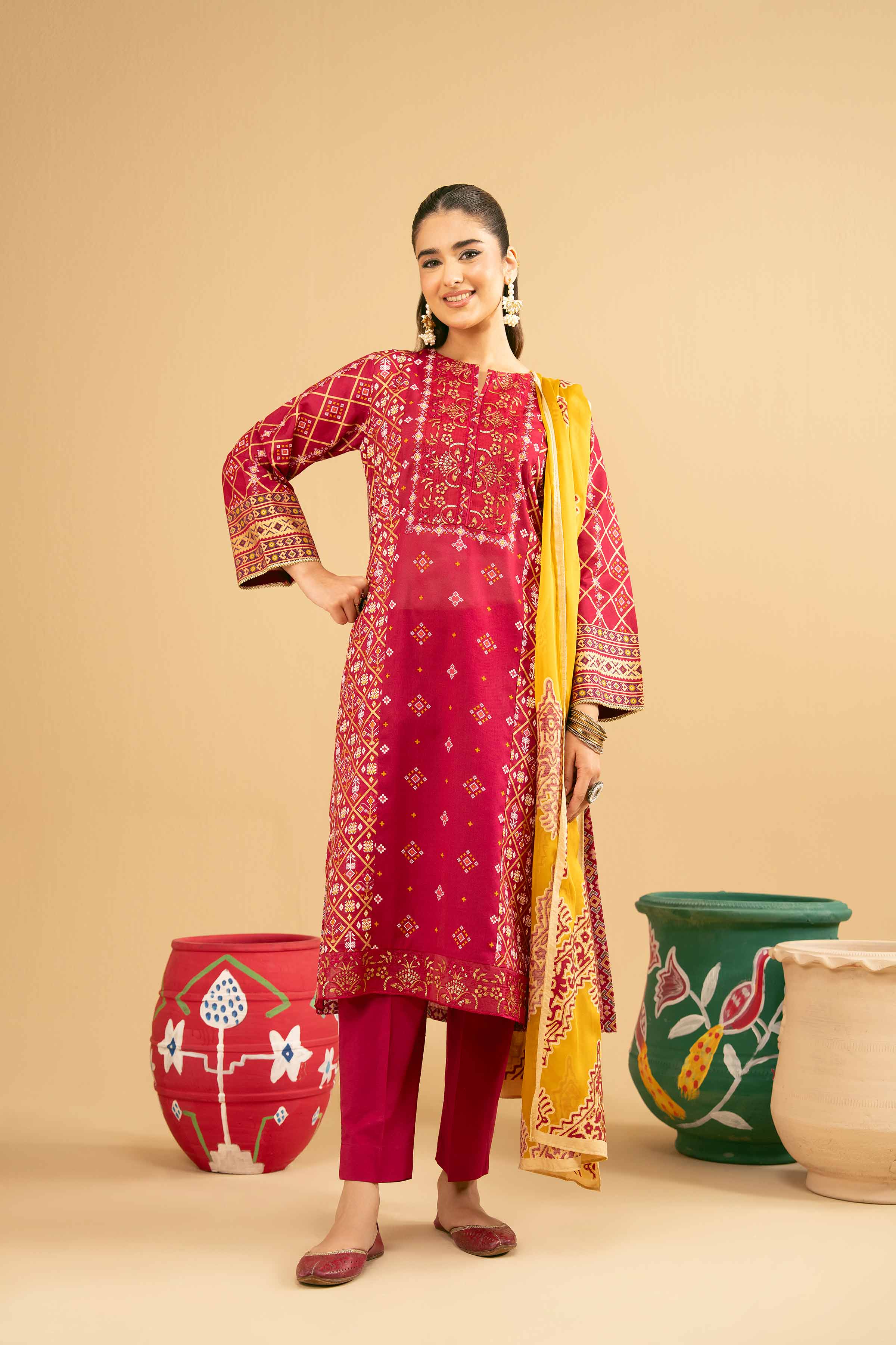 NishatUK - Red Embroidered Lawn 3-piece ready to wear Suit