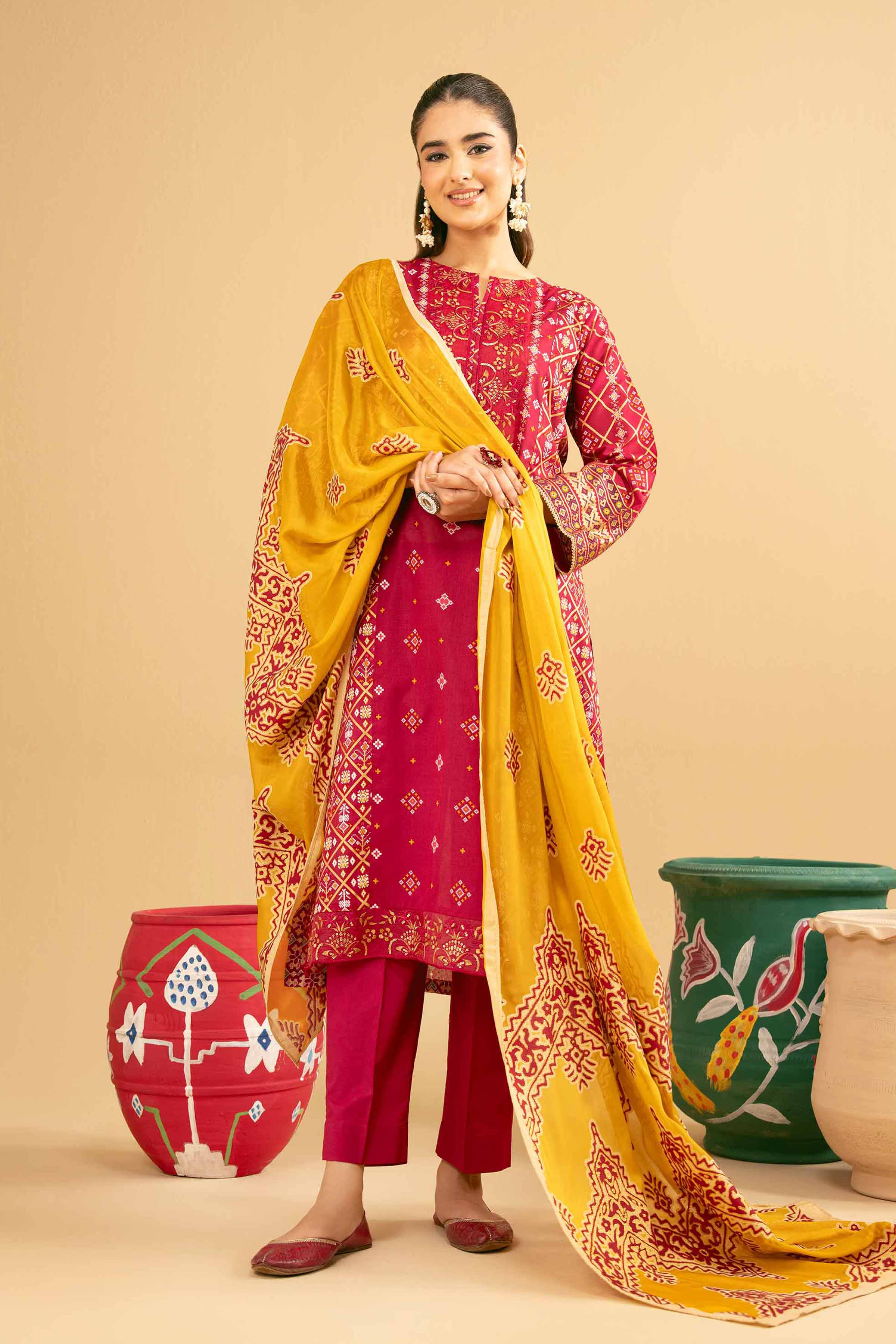 NishatUK - Red Embroidered Lawn 3-piece ready to wear Suit
