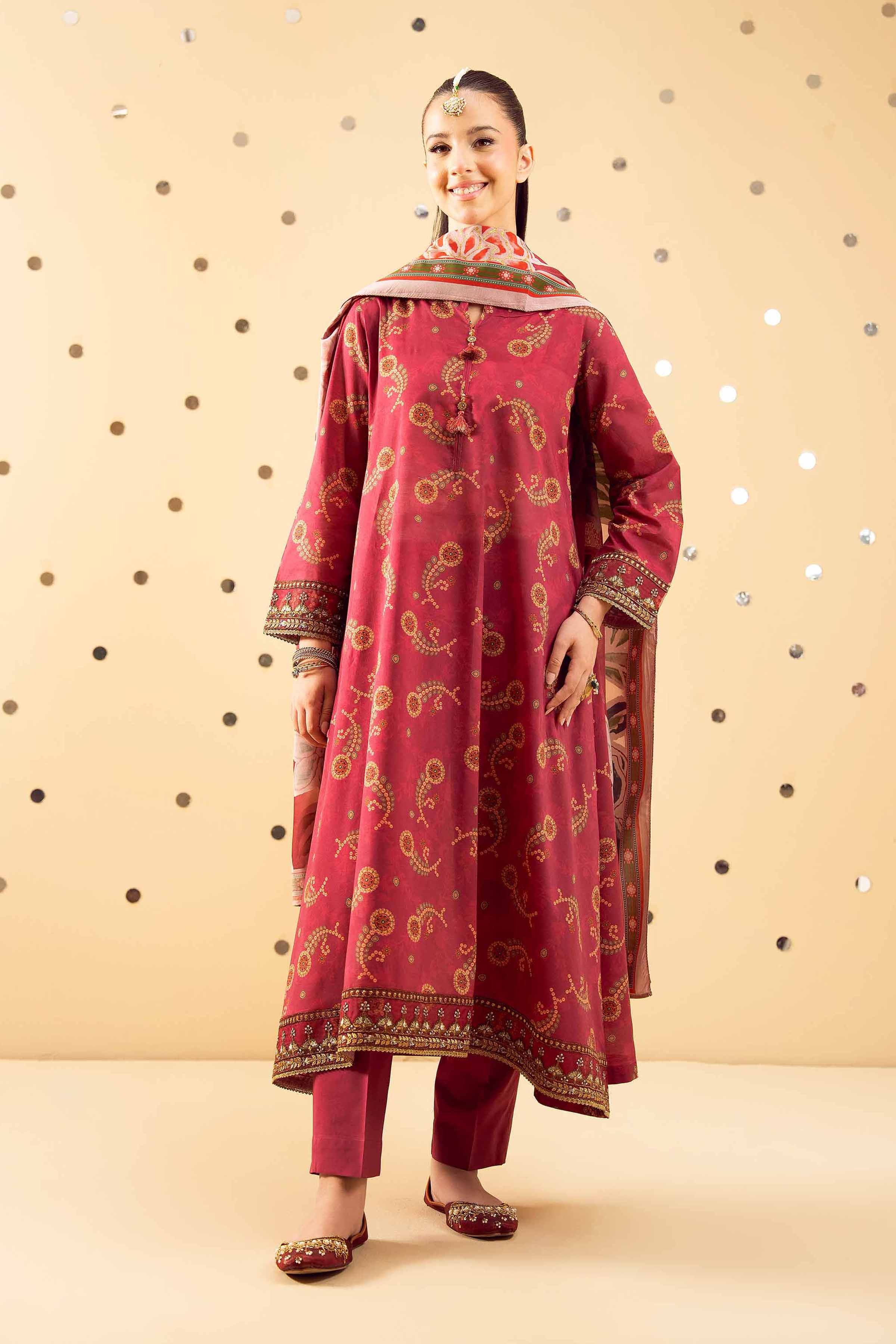 NishatUK - Red Printed Lawn 3-piece ready to wear Suit