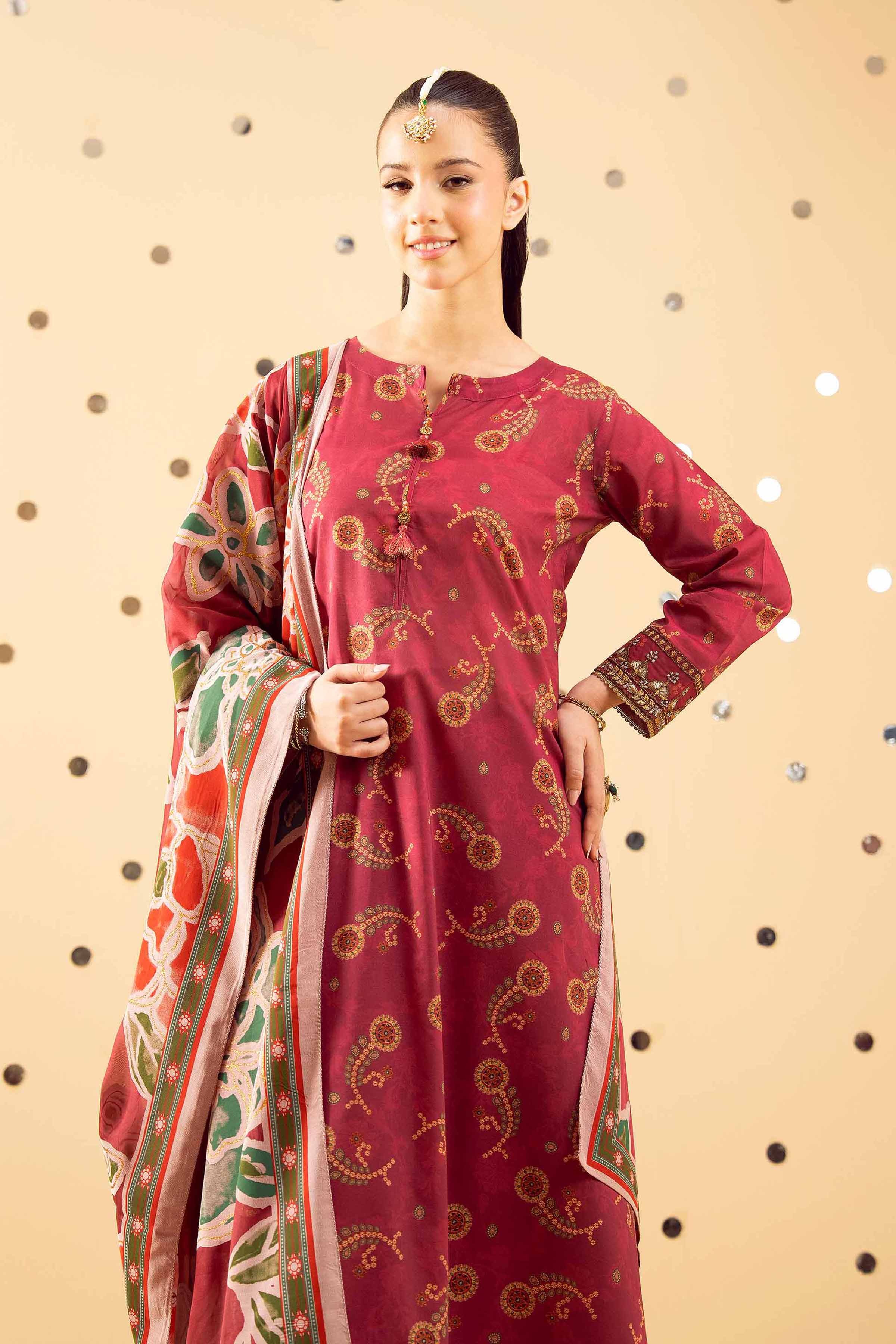 NishatUK - Red Printed Lawn 3-piece ready to wear Suit