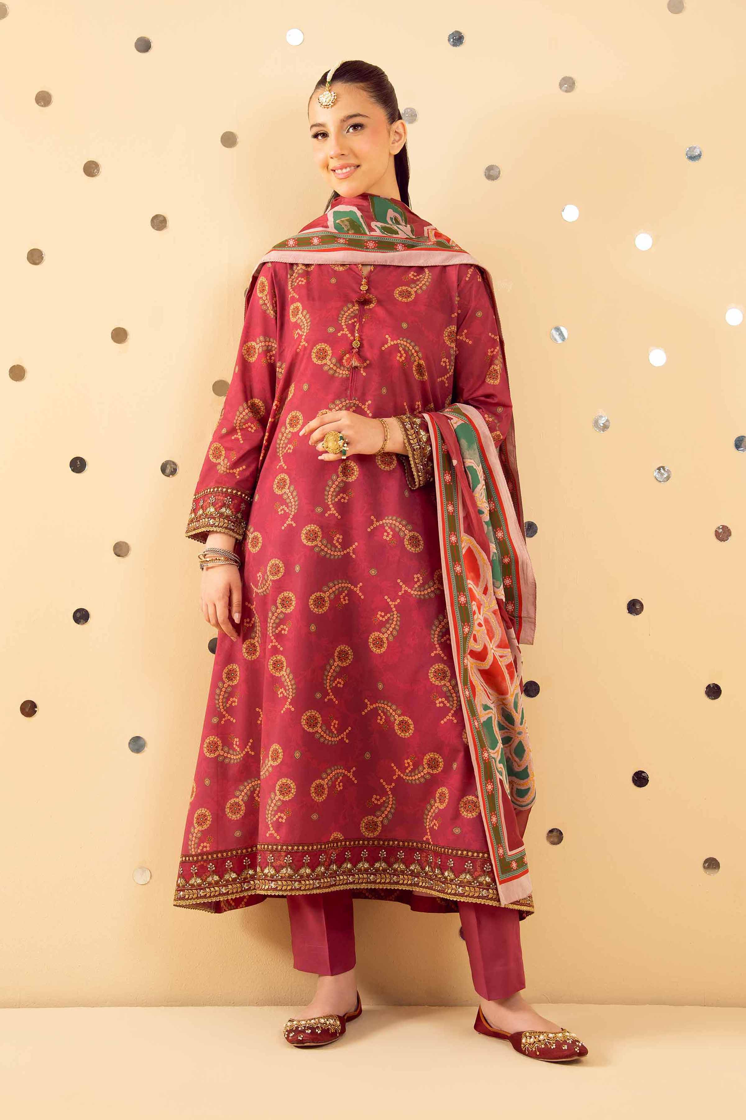 NishatUK - Red Printed Lawn 3-piece ready to wear Suit