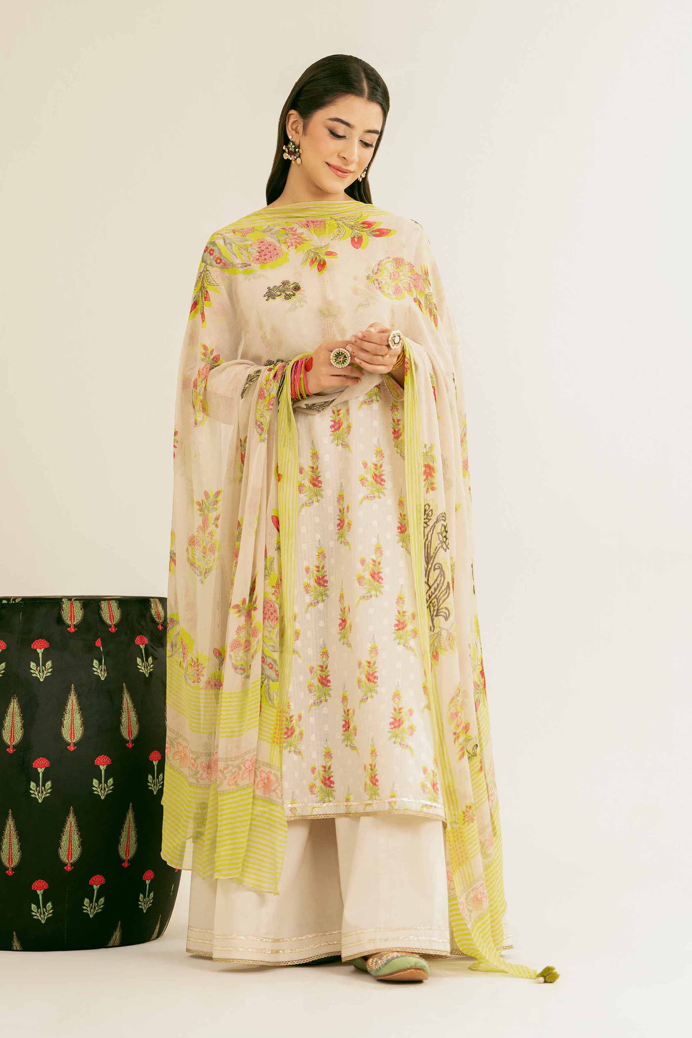 NishatUK - Beige Printed Jacquard 3-piece ready to wear Suit