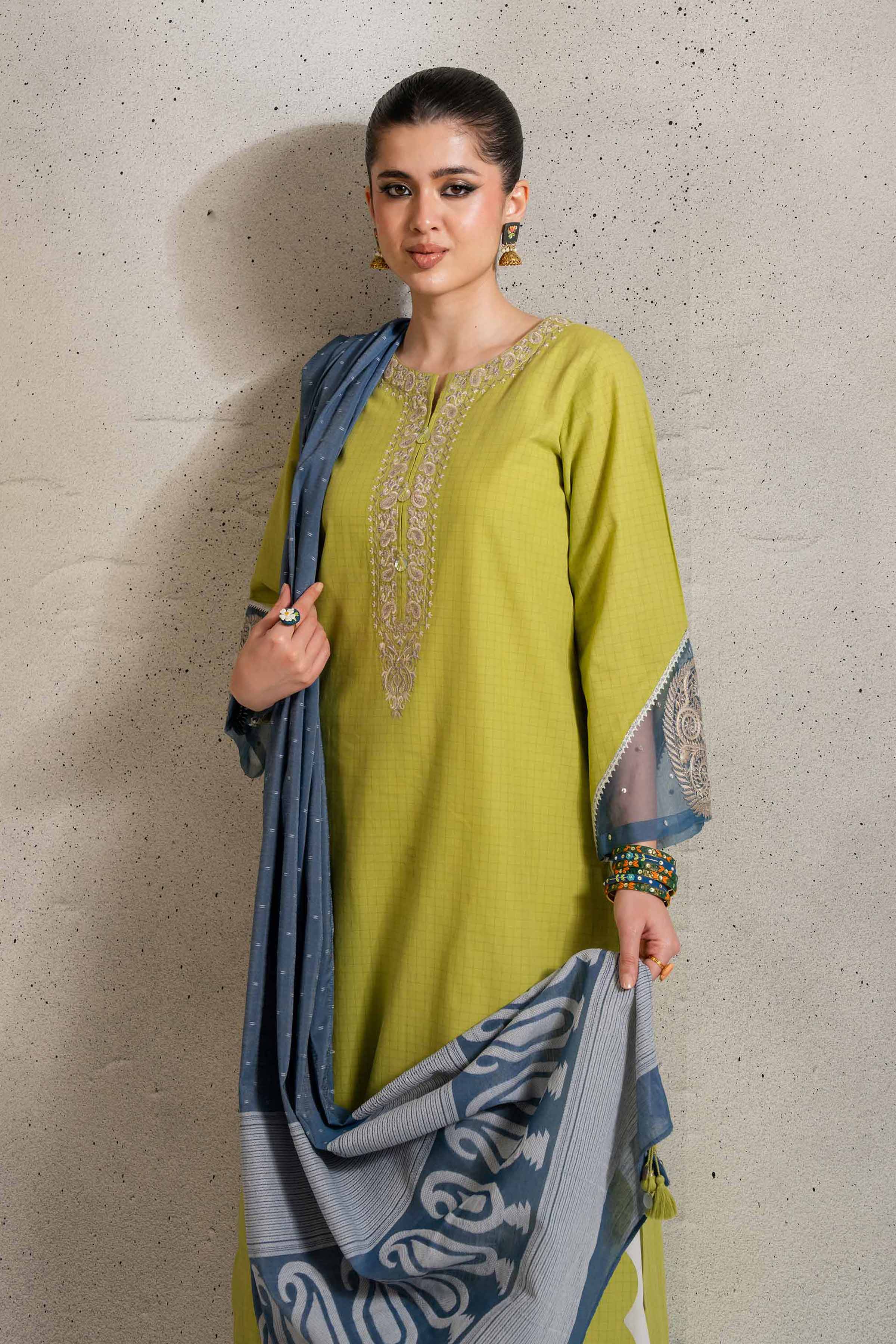 NishatUK - Parrot Green Embroidered Yarn Dyed 2-piece ready to wear Dress