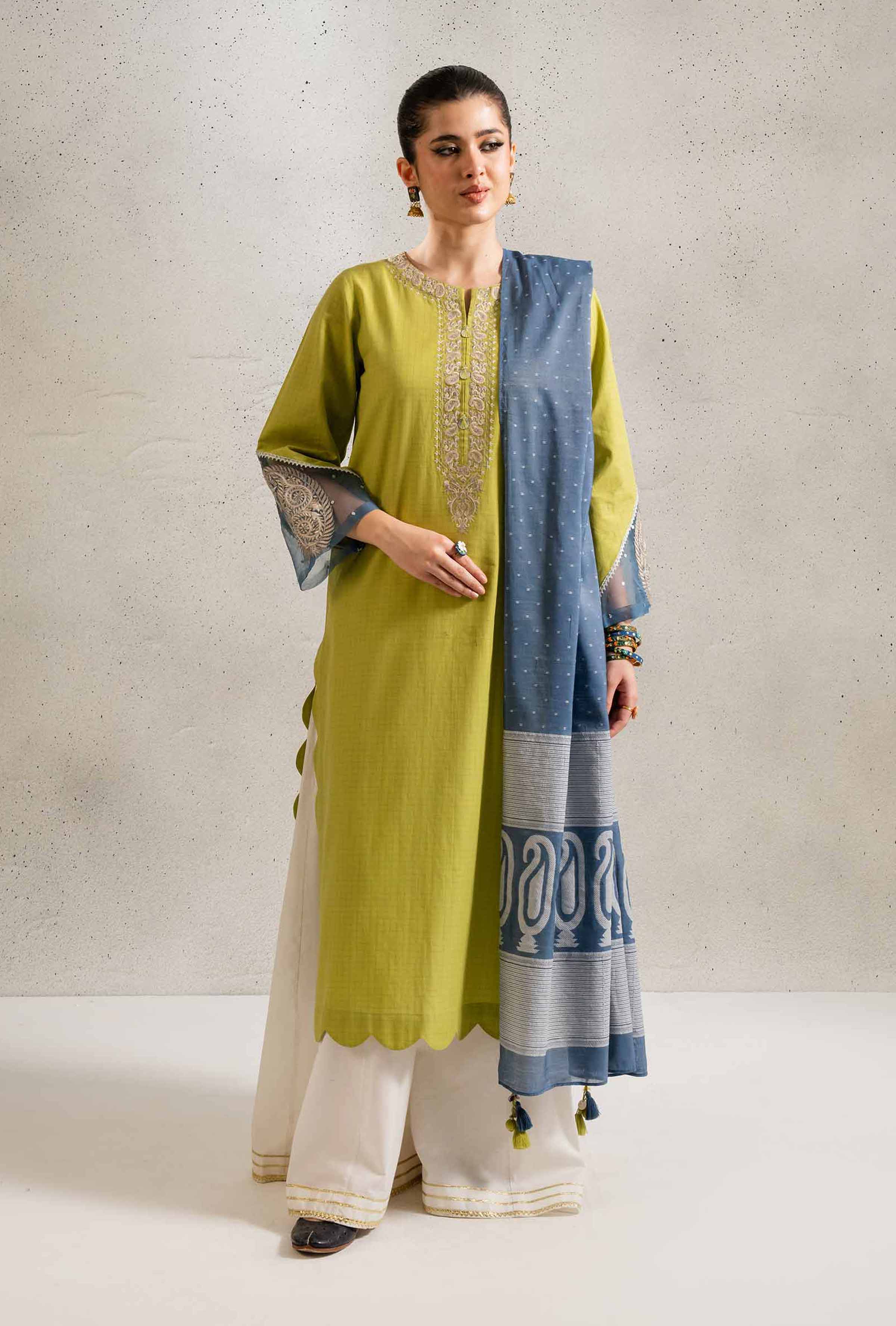 NishatUK - Parrot Green Embroidered Yarn Dyed 2-piece ready to wear Dress