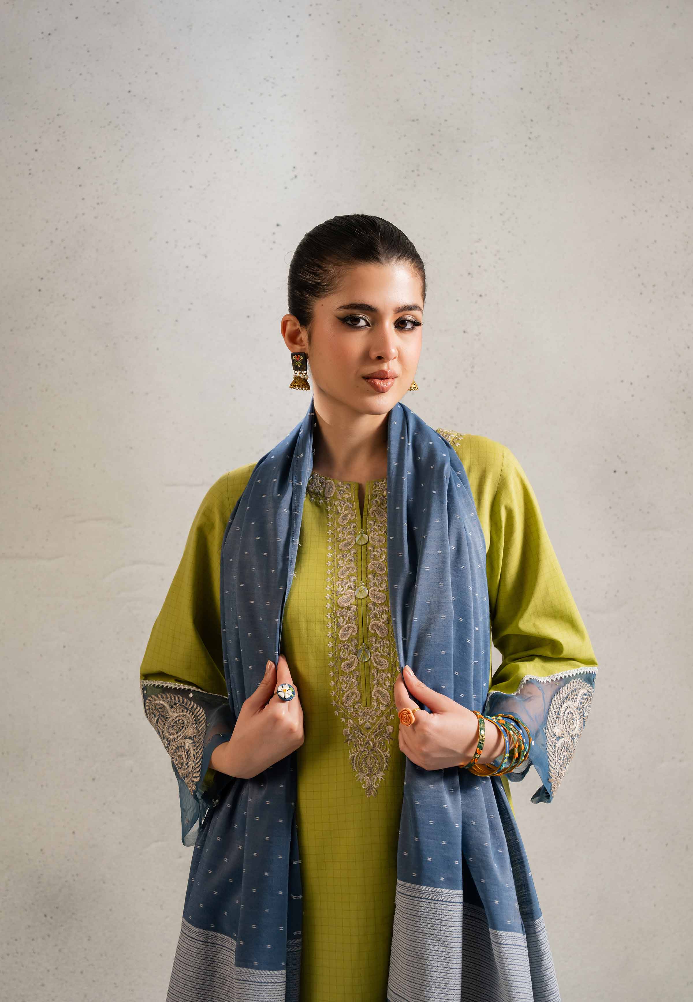 NishatUK - Parrot Green Embroidered Yarn Dyed 2-piece ready to wear Dress