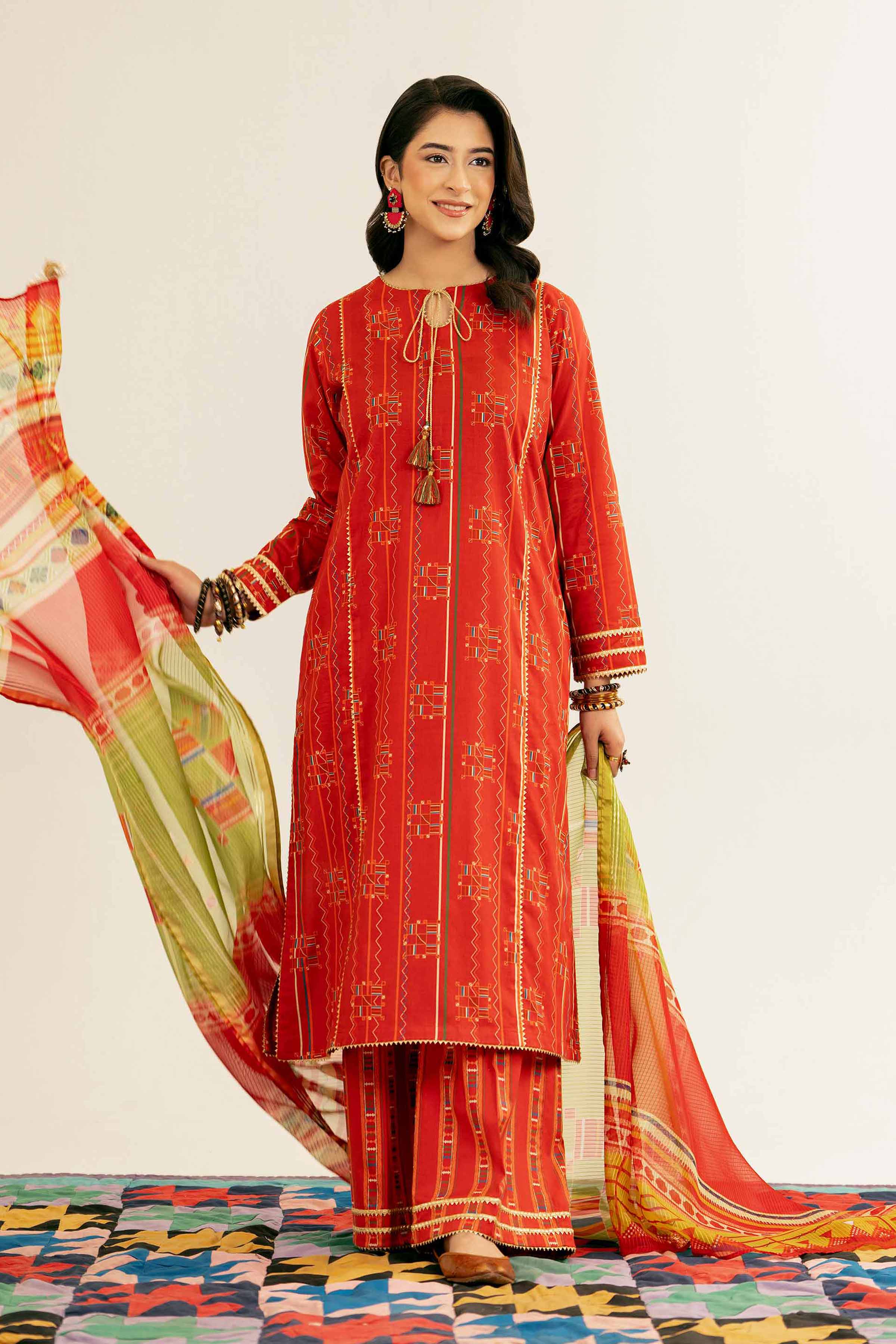 NishatUK - Red Printed Lawn 3-piece ready to wear Suit