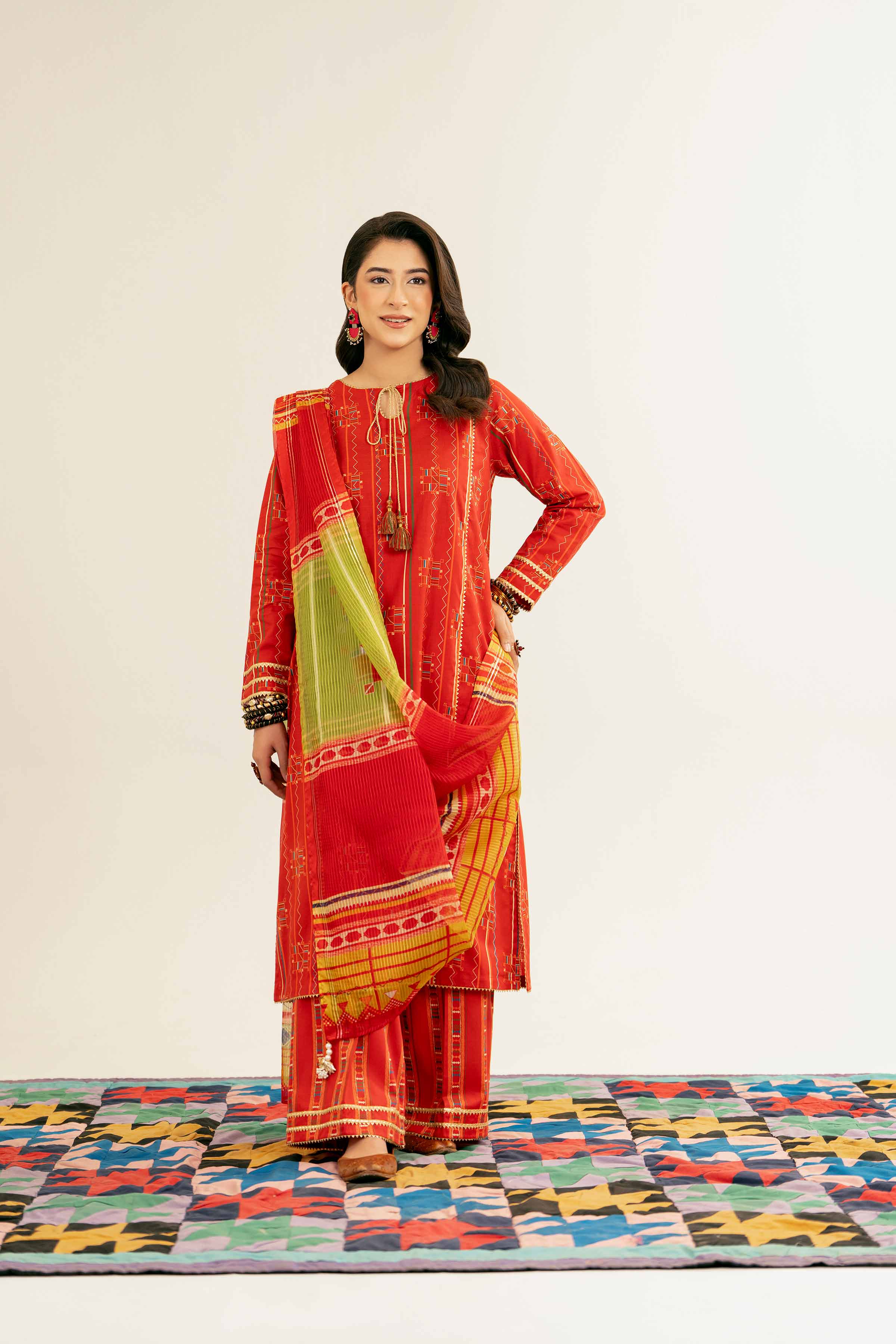 NishatUK - Red Printed Lawn 3-piece ready to wear Suit