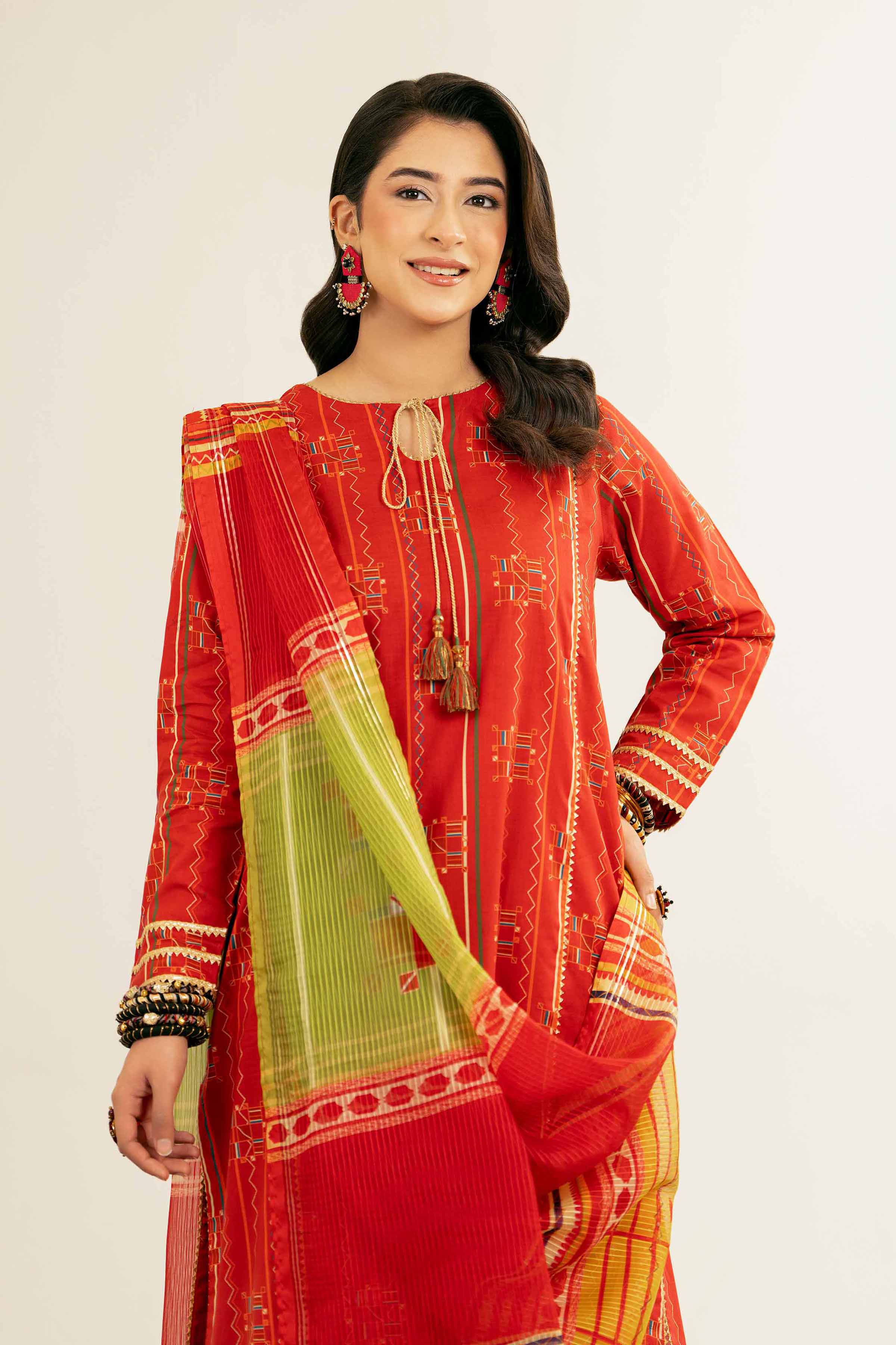 NishatUK - Red Printed Lawn 3-piece ready to wear Suit