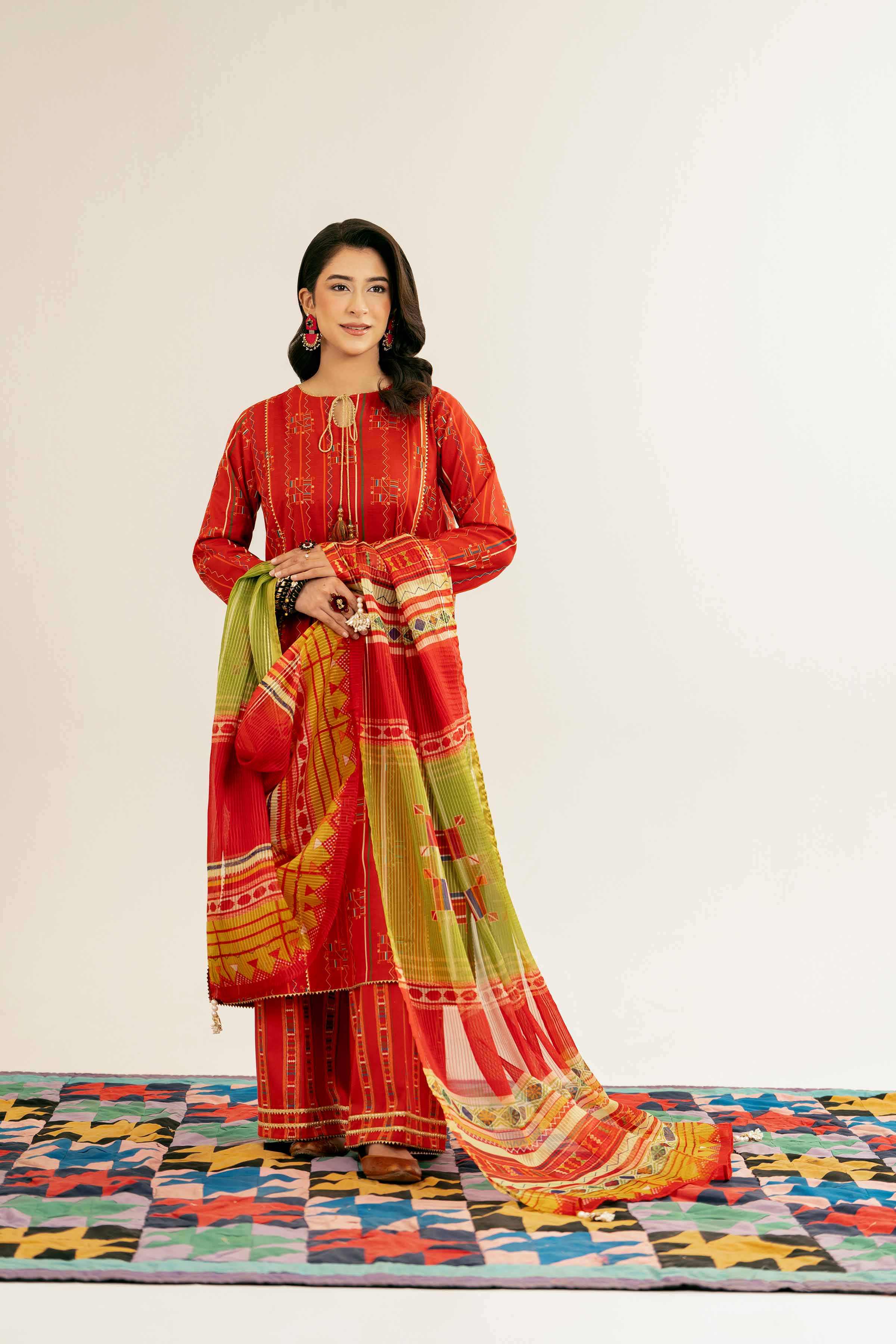 NishatUK - Red Printed Lawn 3-piece ready to wear Suit