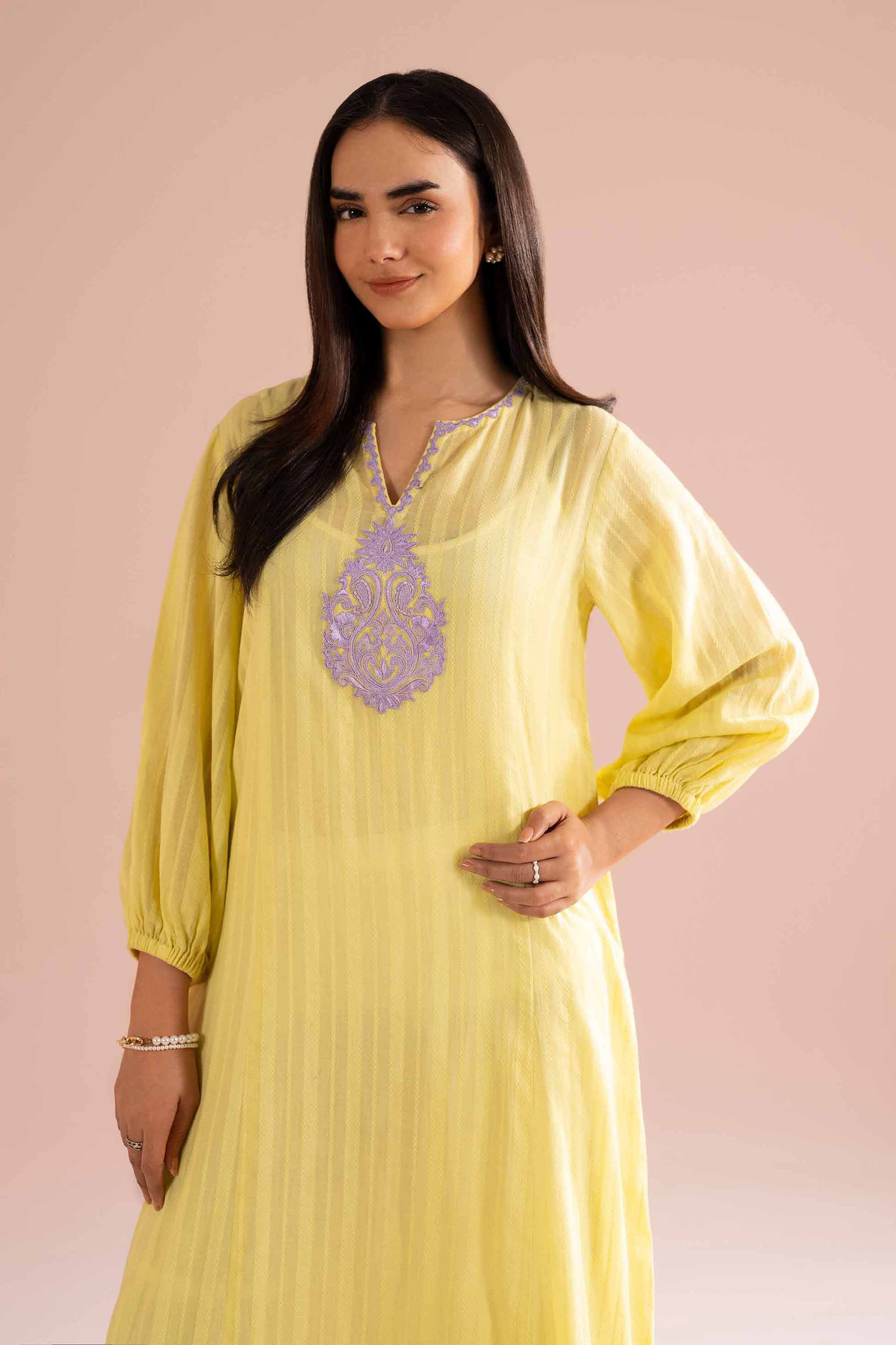 NishatUK - Yellow Embroidered Dobby 1-piece ready to wear dress
