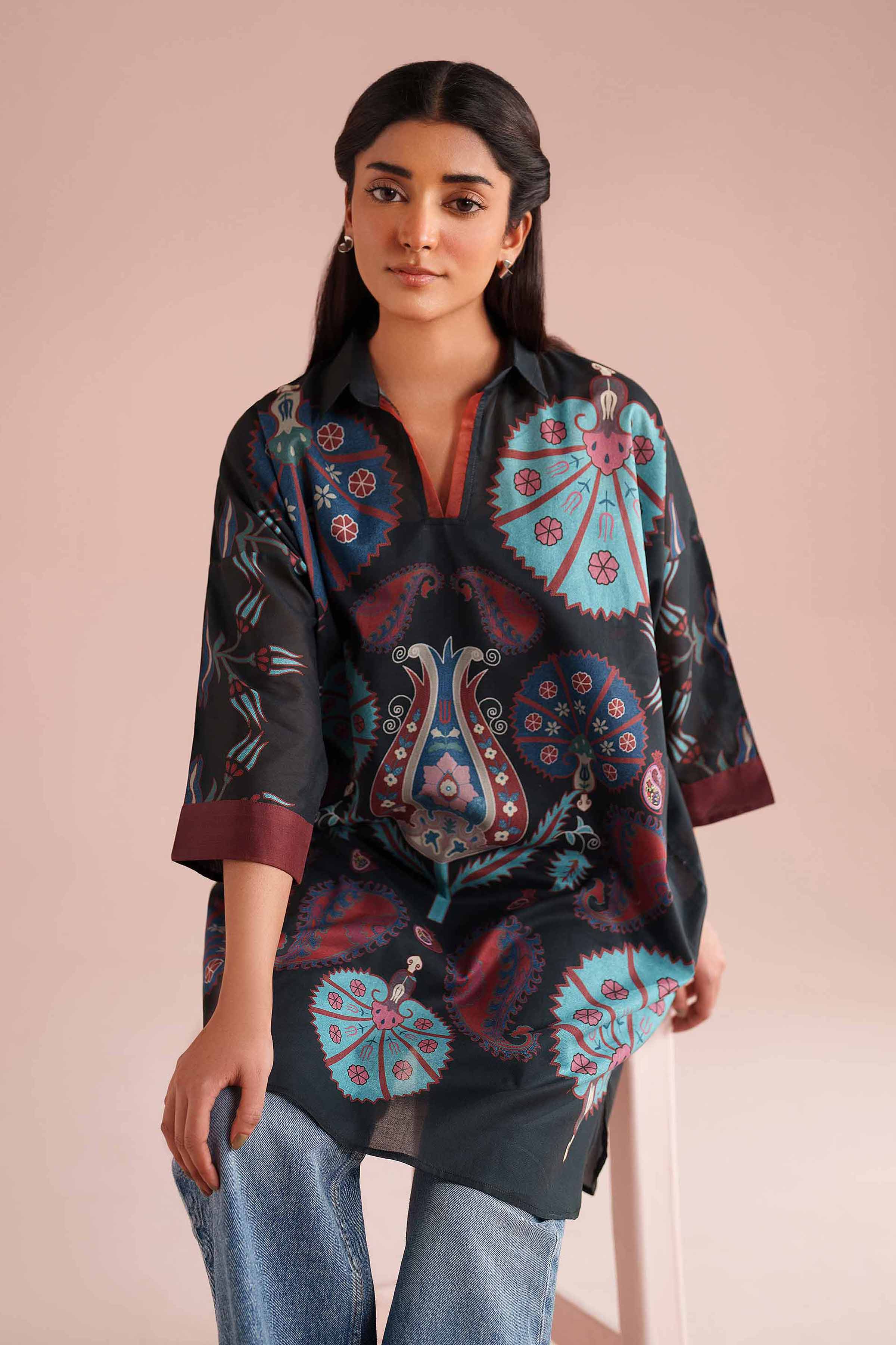 NishatUK - Black Printed Lawn 1-piece ready to wear Kimono