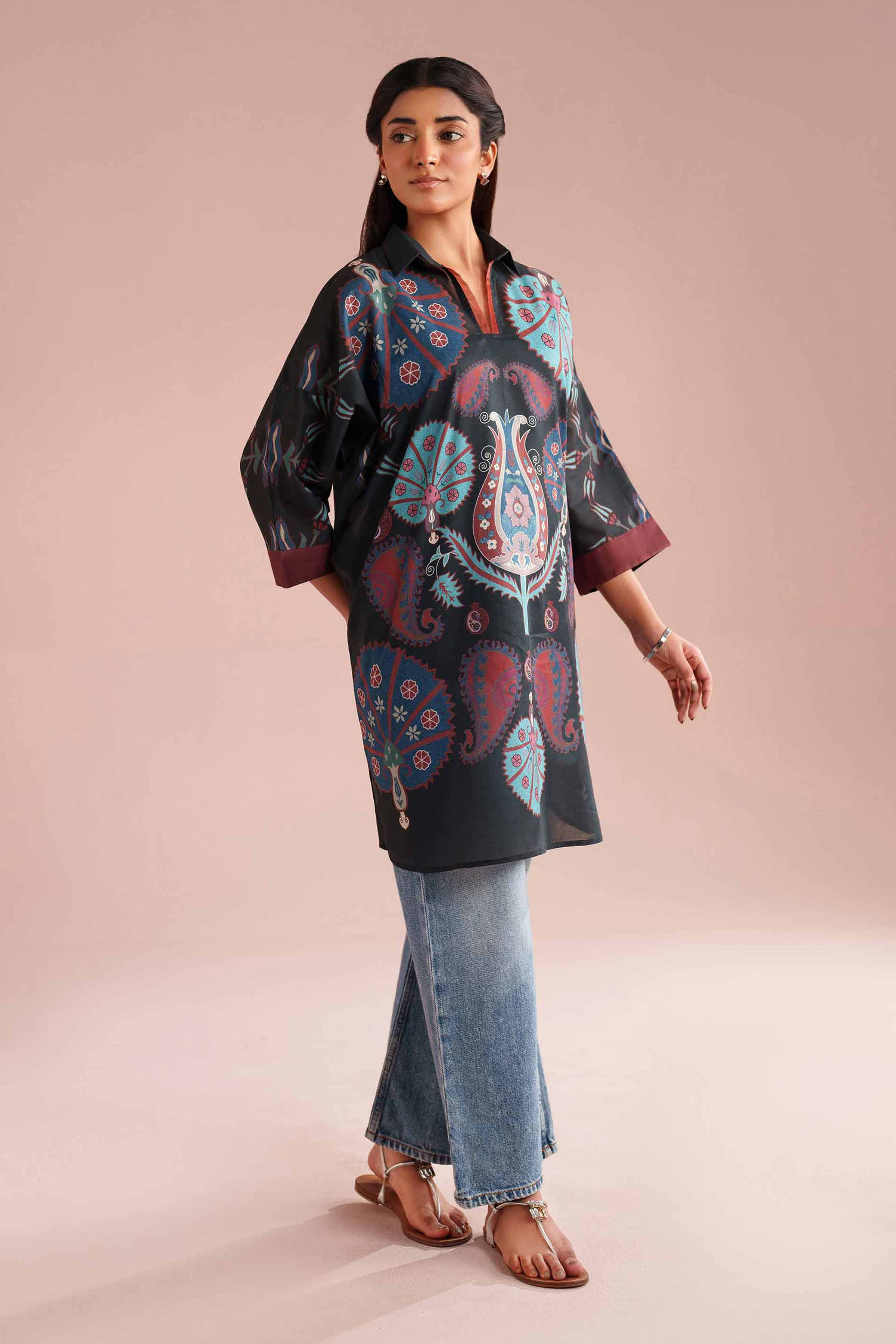 NishatUK - Black Printed Lawn 1-piece ready to wear Kimono