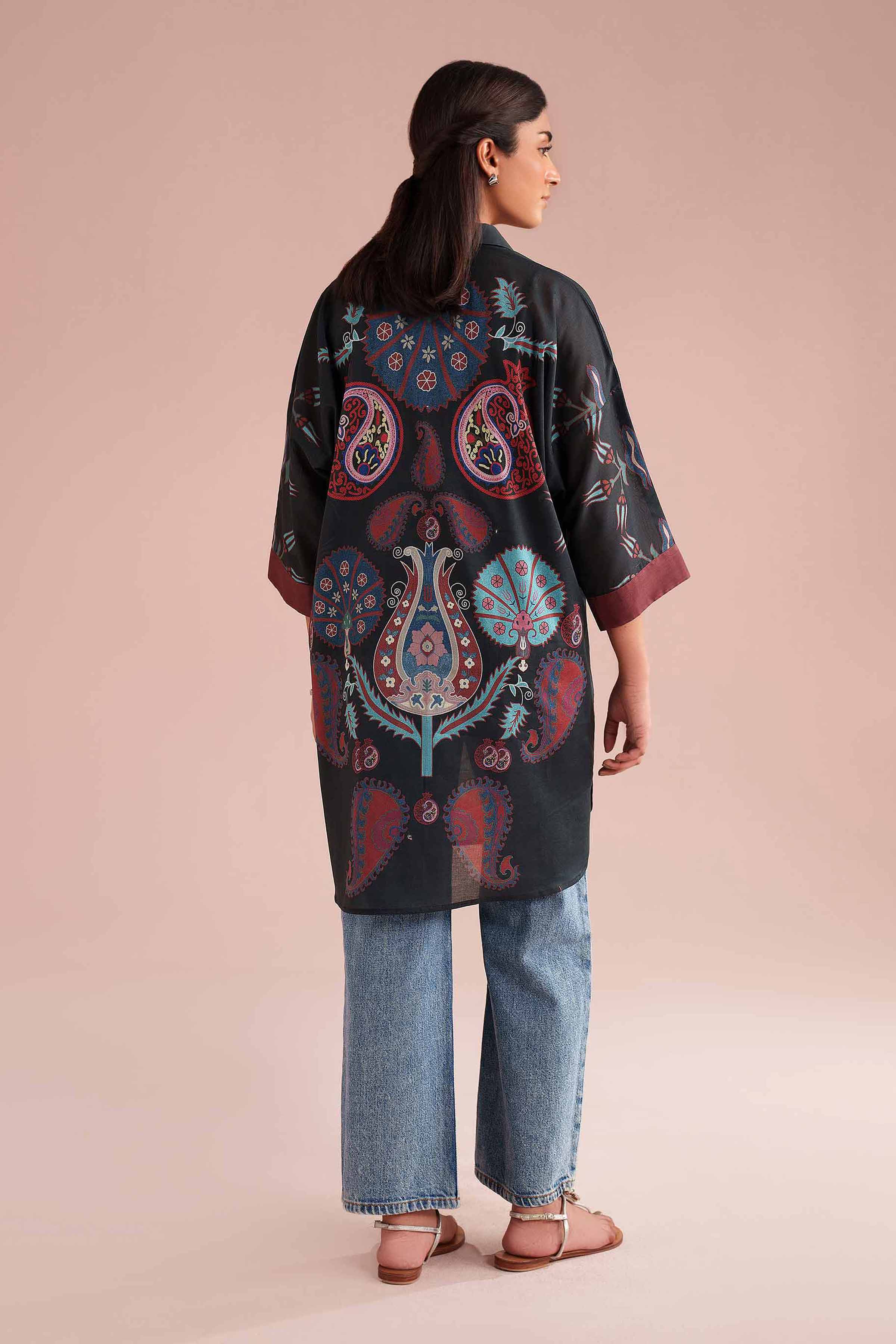 NishatUK - Black Printed Lawn 1-piece ready to wear Kimono