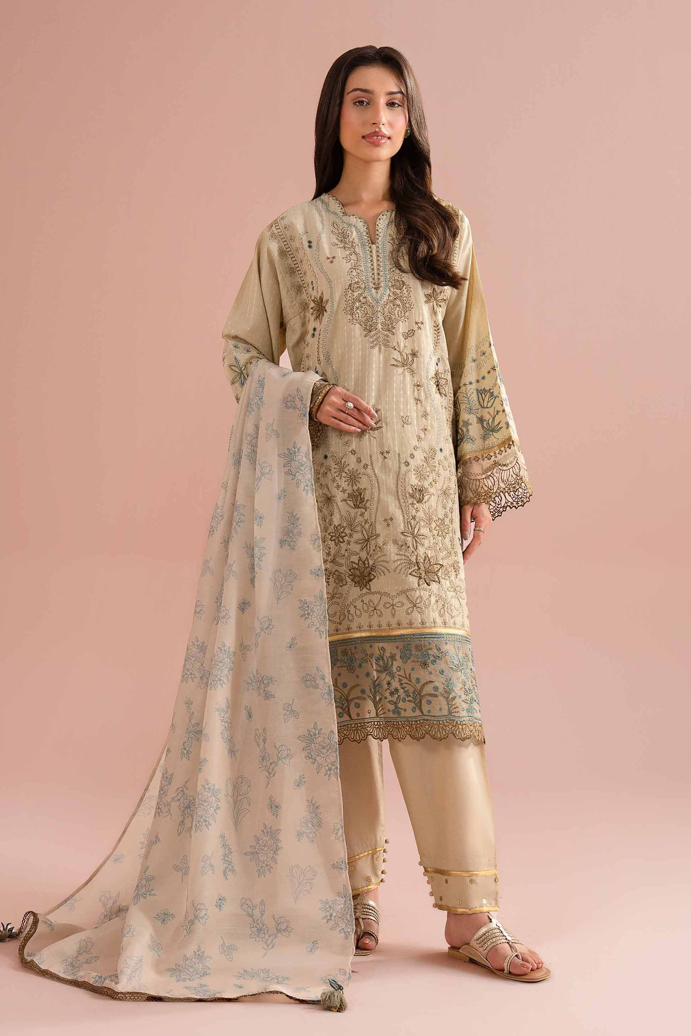 Nishat UK - Beige Embroidered Lurex Dyed 3 Pieces Ready To Wear Suit