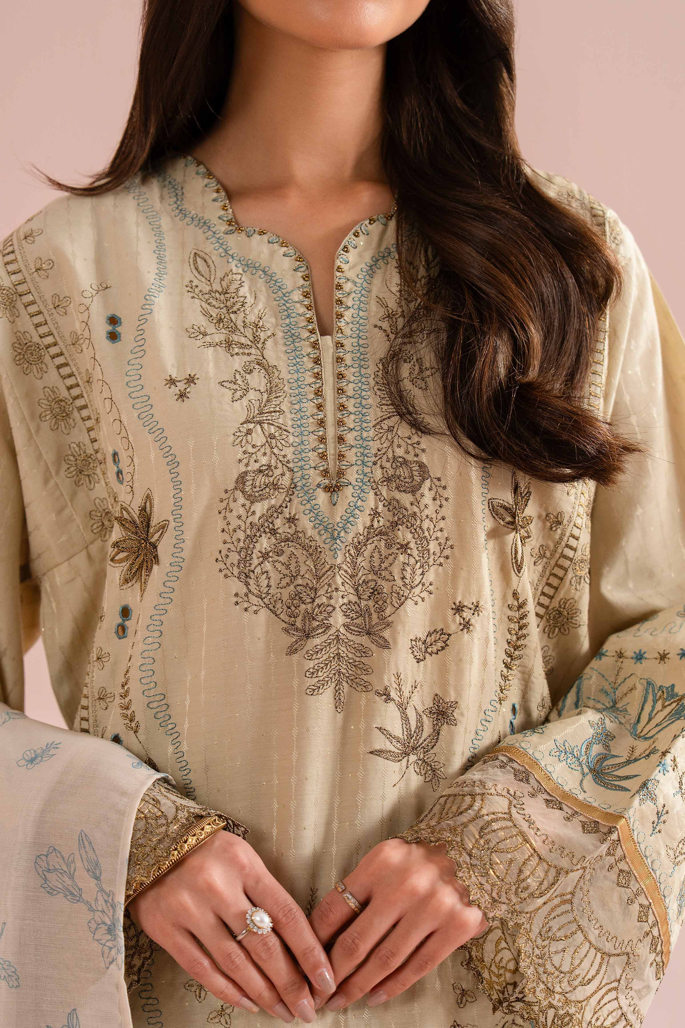 Nishat UK - Beige Embroidered Lurex Dyed 3 Pieces Ready To Wear Suit