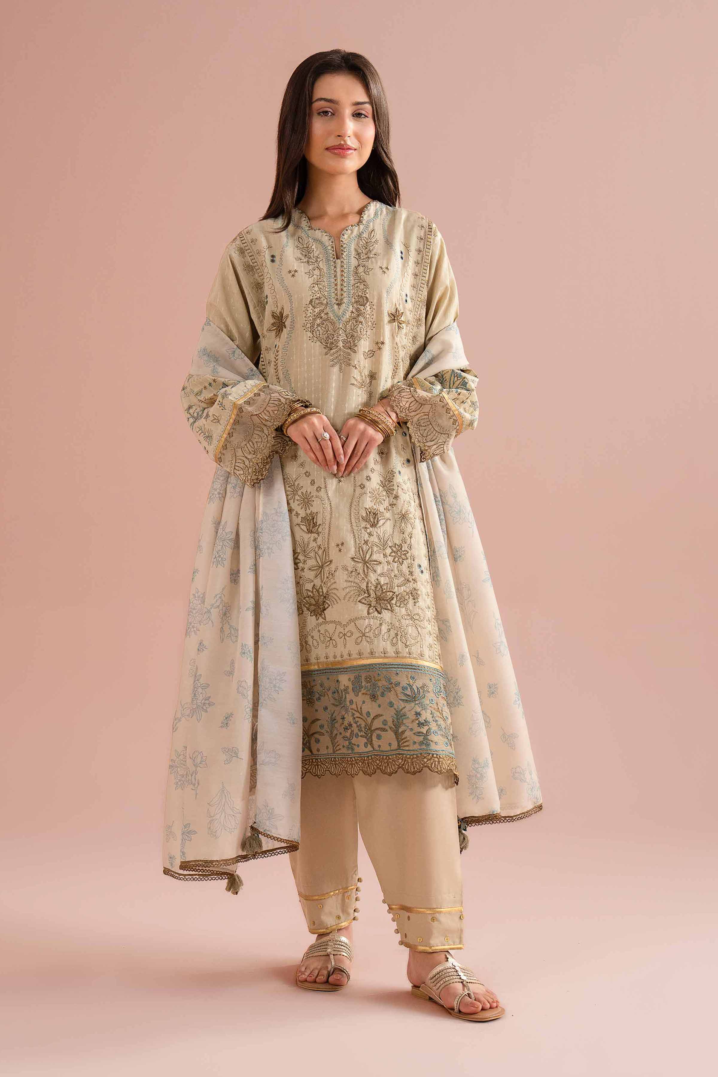 Nishat UK - Beige Embroidered Lurex Dyed 3 Pieces Ready To Wear Suit