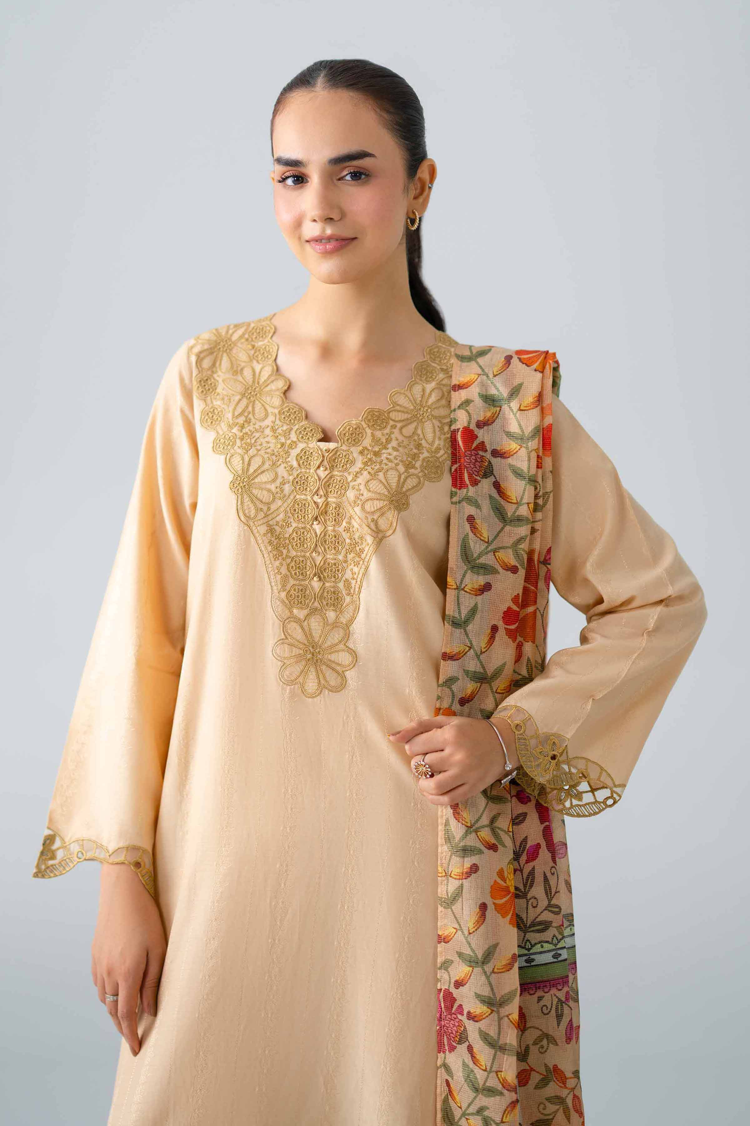 Nishat UK - Beige Embroidered Jacquard 3-piece ready to wear Suit