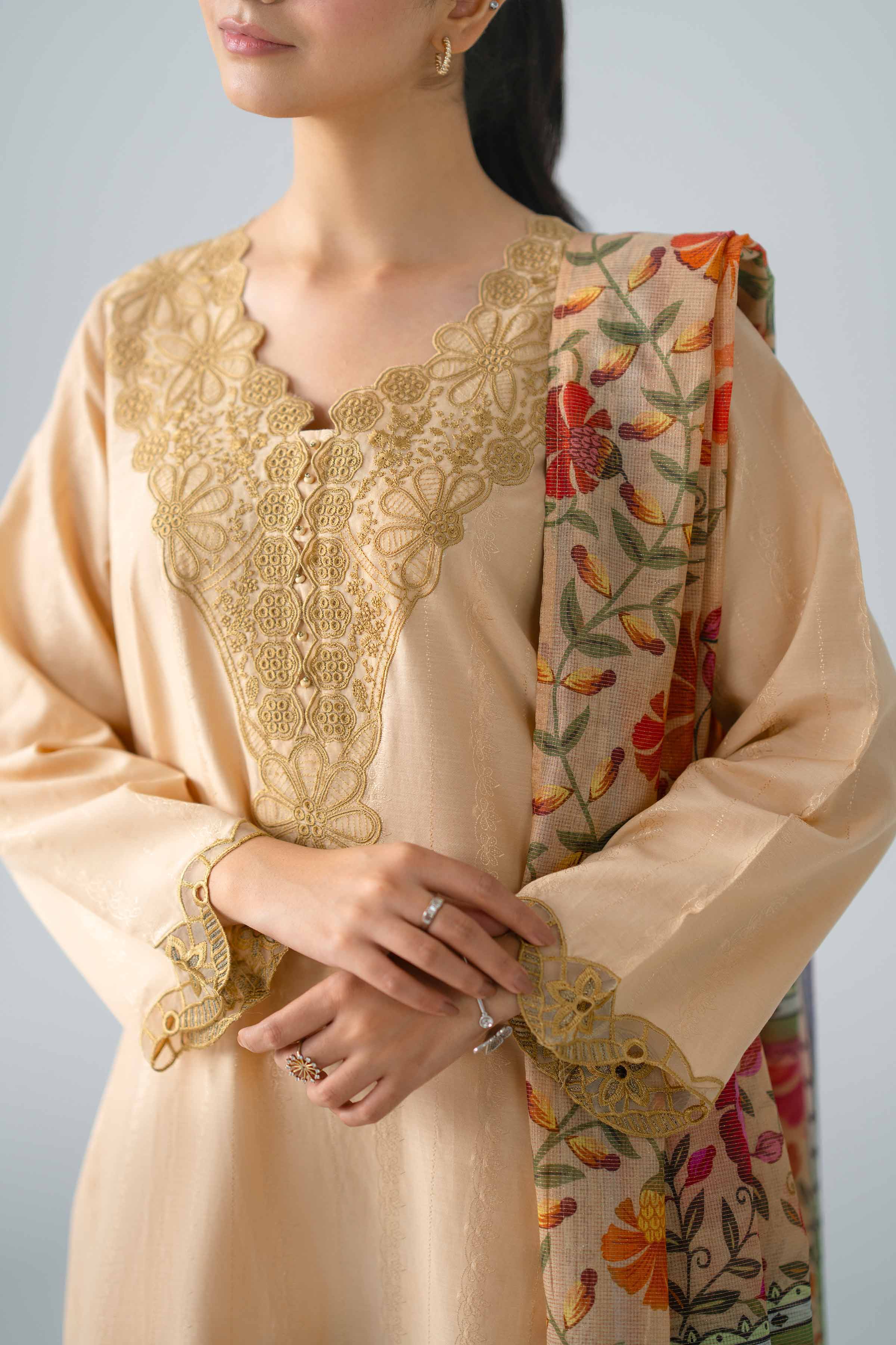 Nishat UK - Beige Embroidered Jacquard 3-piece ready to wear Suit
