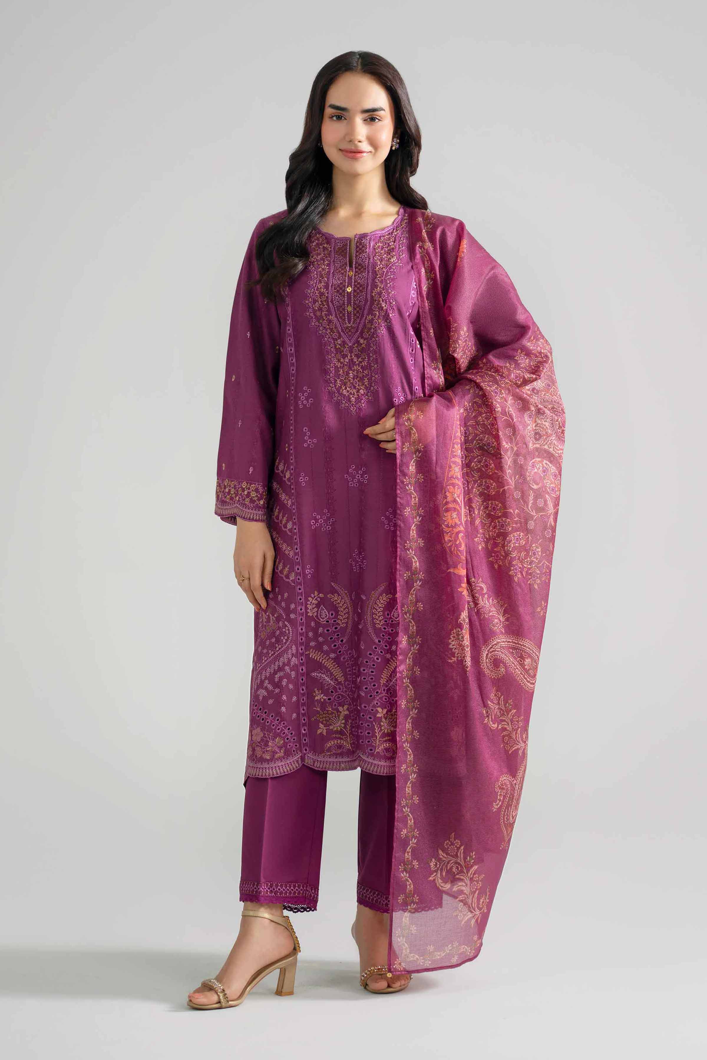 Nishat UK - Purple Embroidered Jacquard 3-piece ready to wear Suit