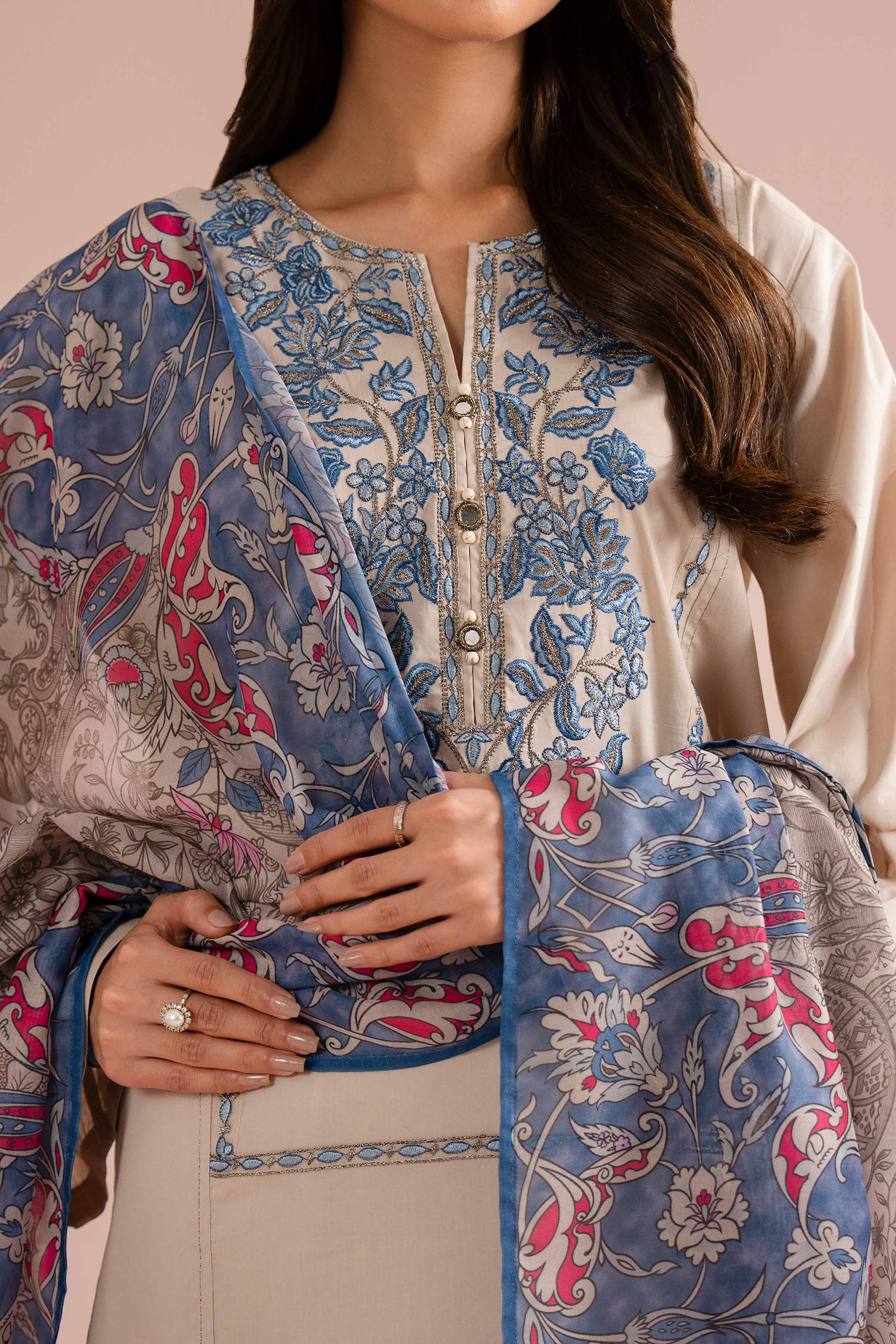 NishatUK - Beige Embroidered Cambric 2-piece ready to wear Dress