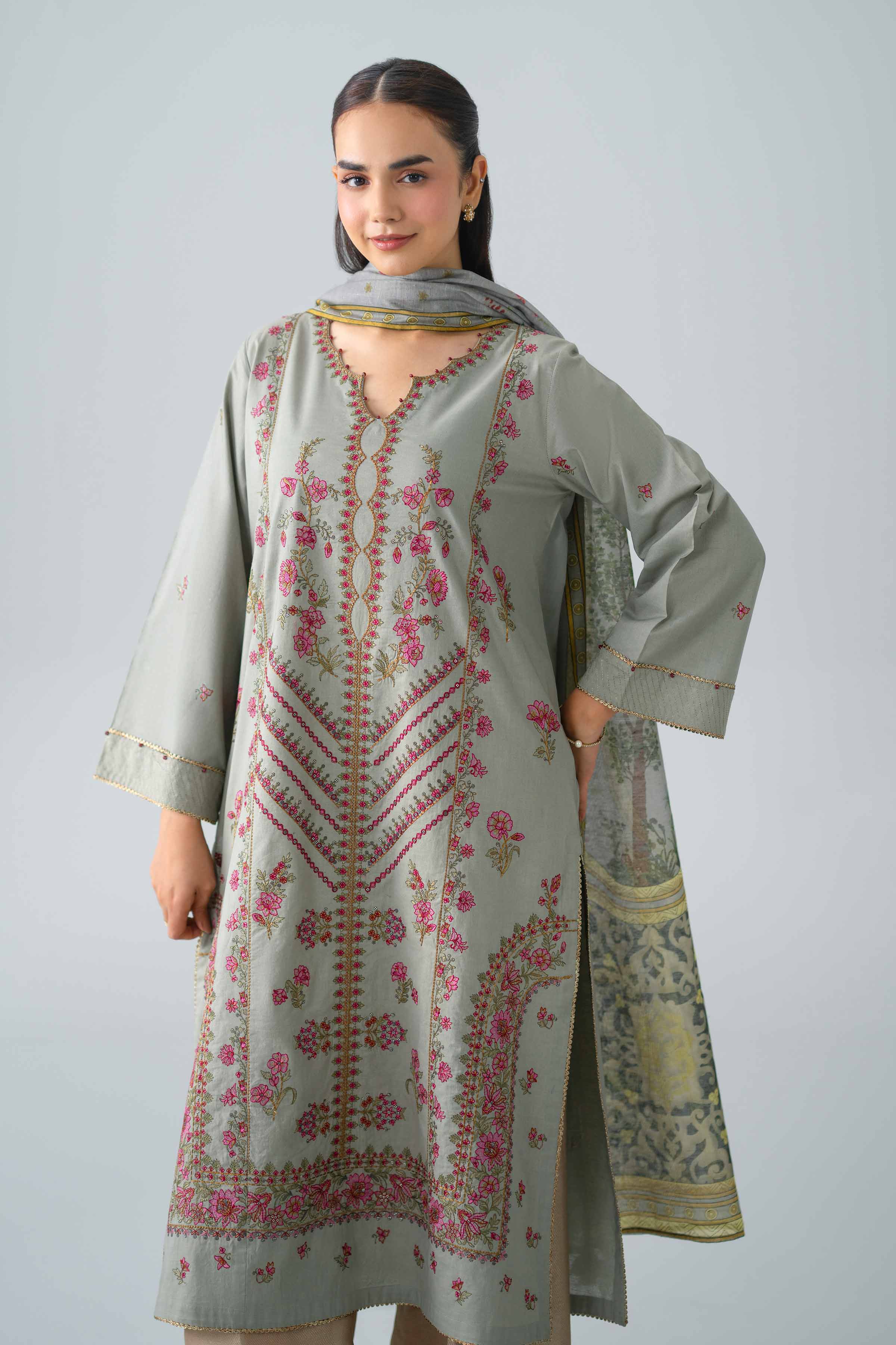 Nishat UK - Grey Embroidered Cambric 2 Piece ready to wear Dress