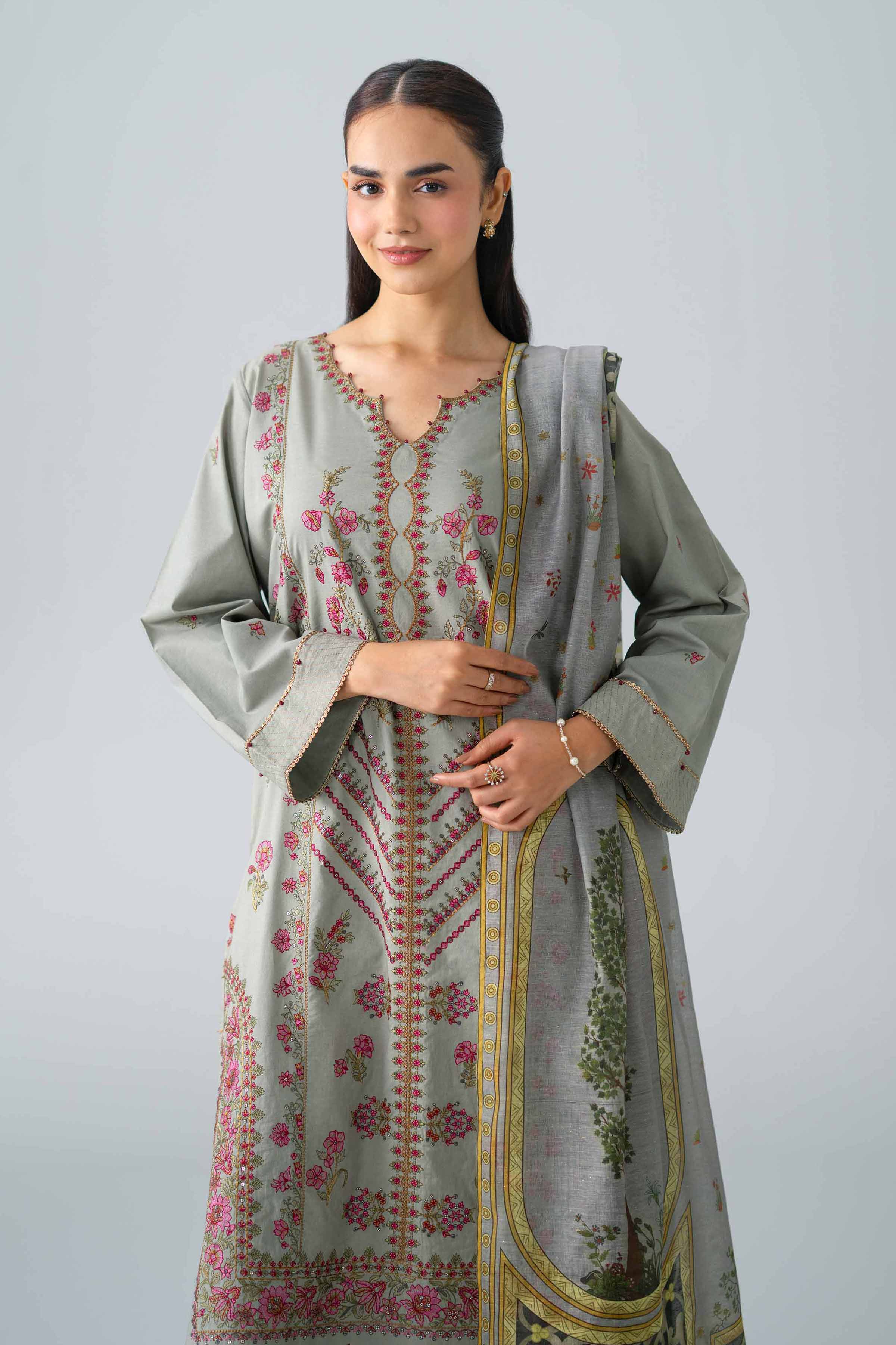 Nishat UK - Grey Embroidered Cambric 2 Piece ready to wear Dress