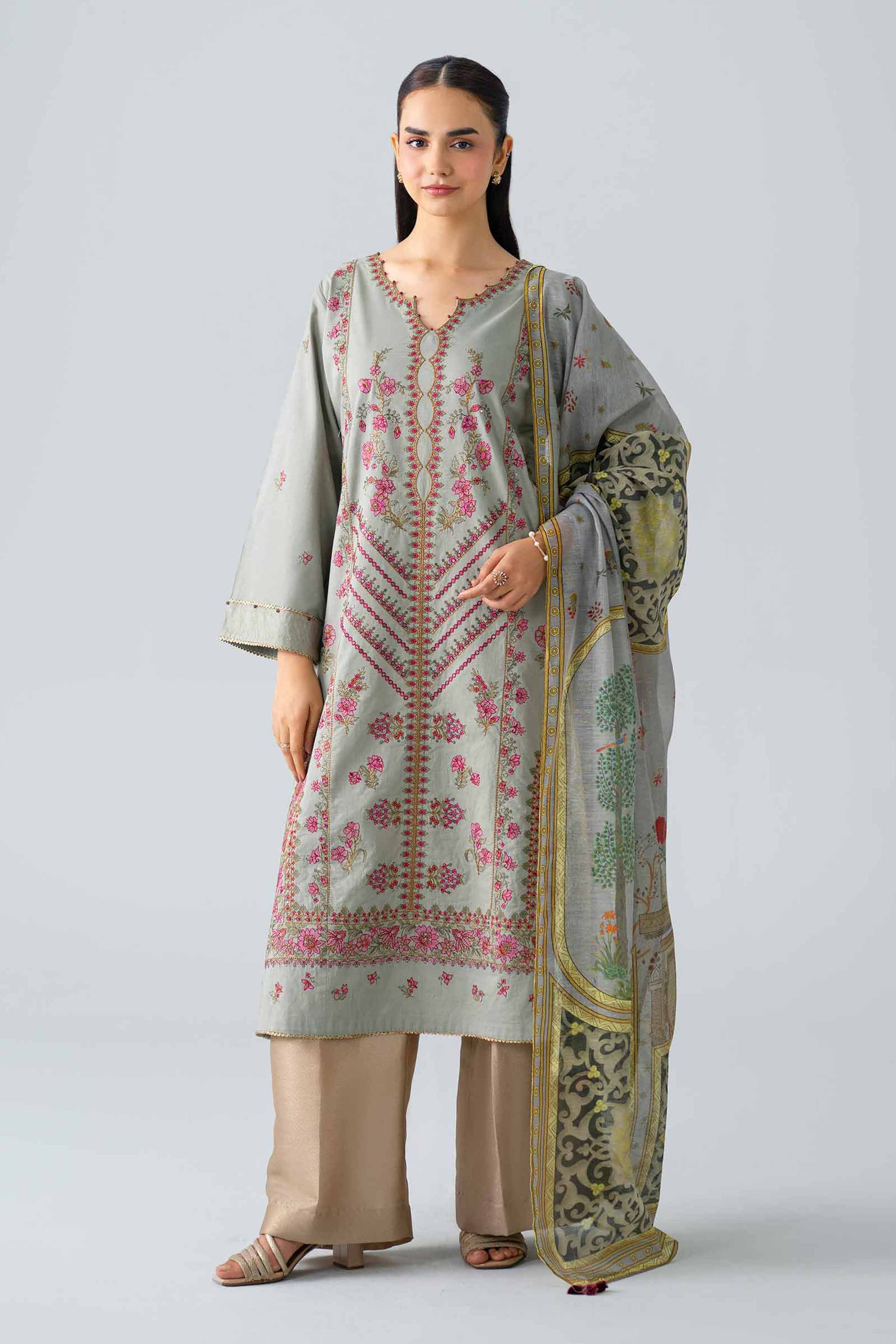 Nishat UK - Grey Embroidered Cambric 2 Piece ready to wear Dress