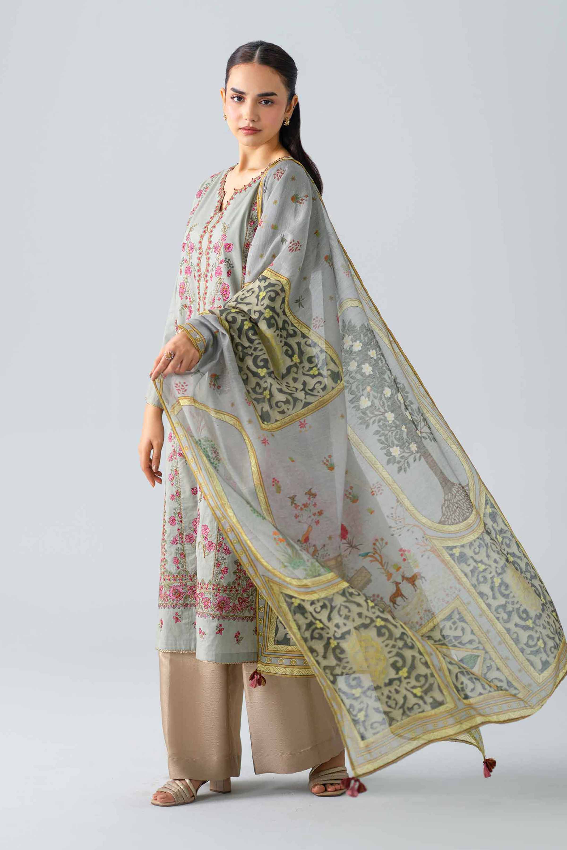 Nishat UK - Grey Embroidered Cambric 2 Piece ready to wear Dress