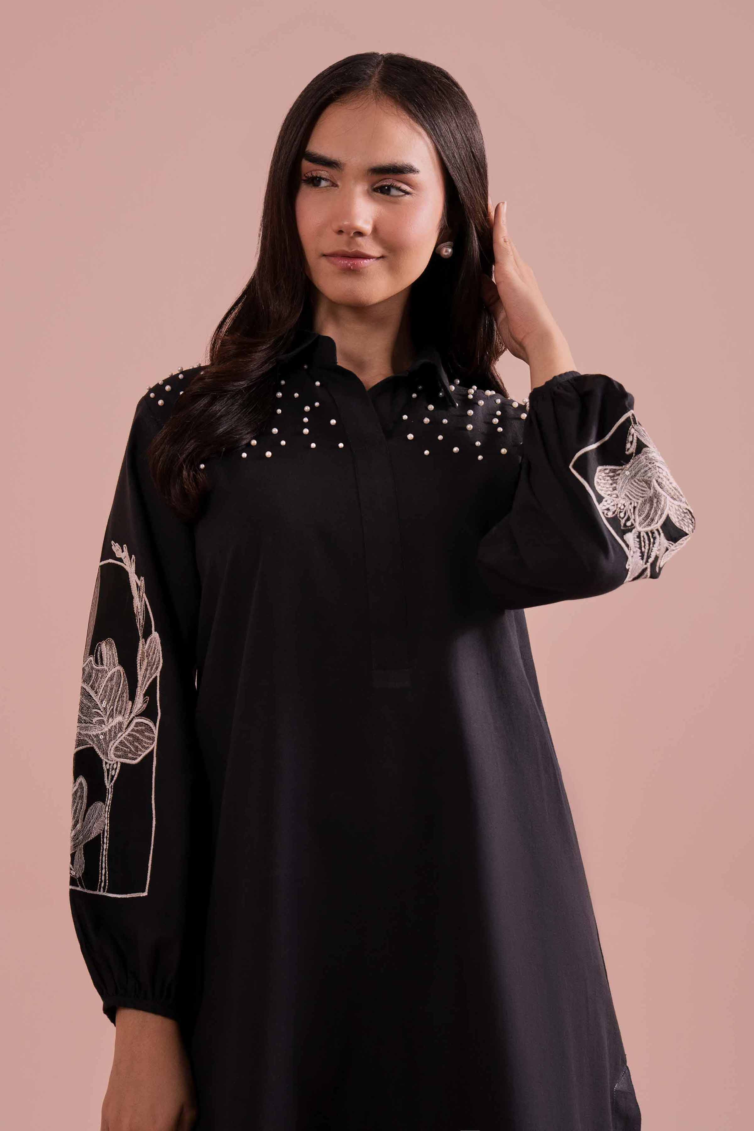 NishatUK - Black Embroidered Linen 2-piece ready to wear Dress