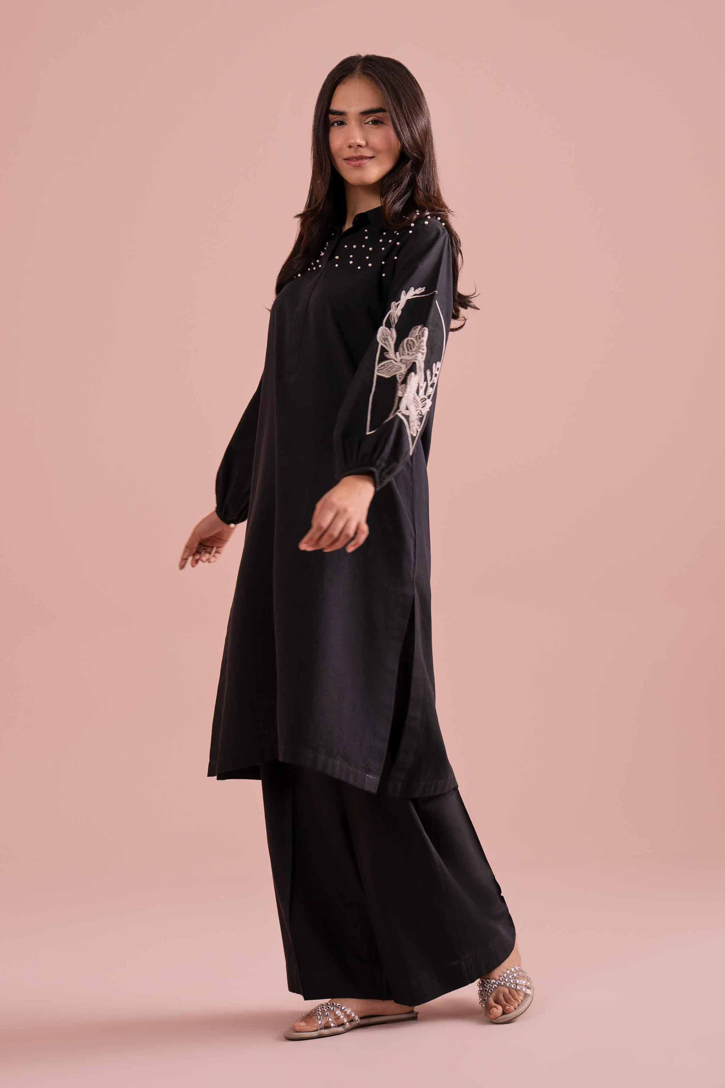 NishatUK - Black Embroidered Linen 2-piece ready to wear Dress