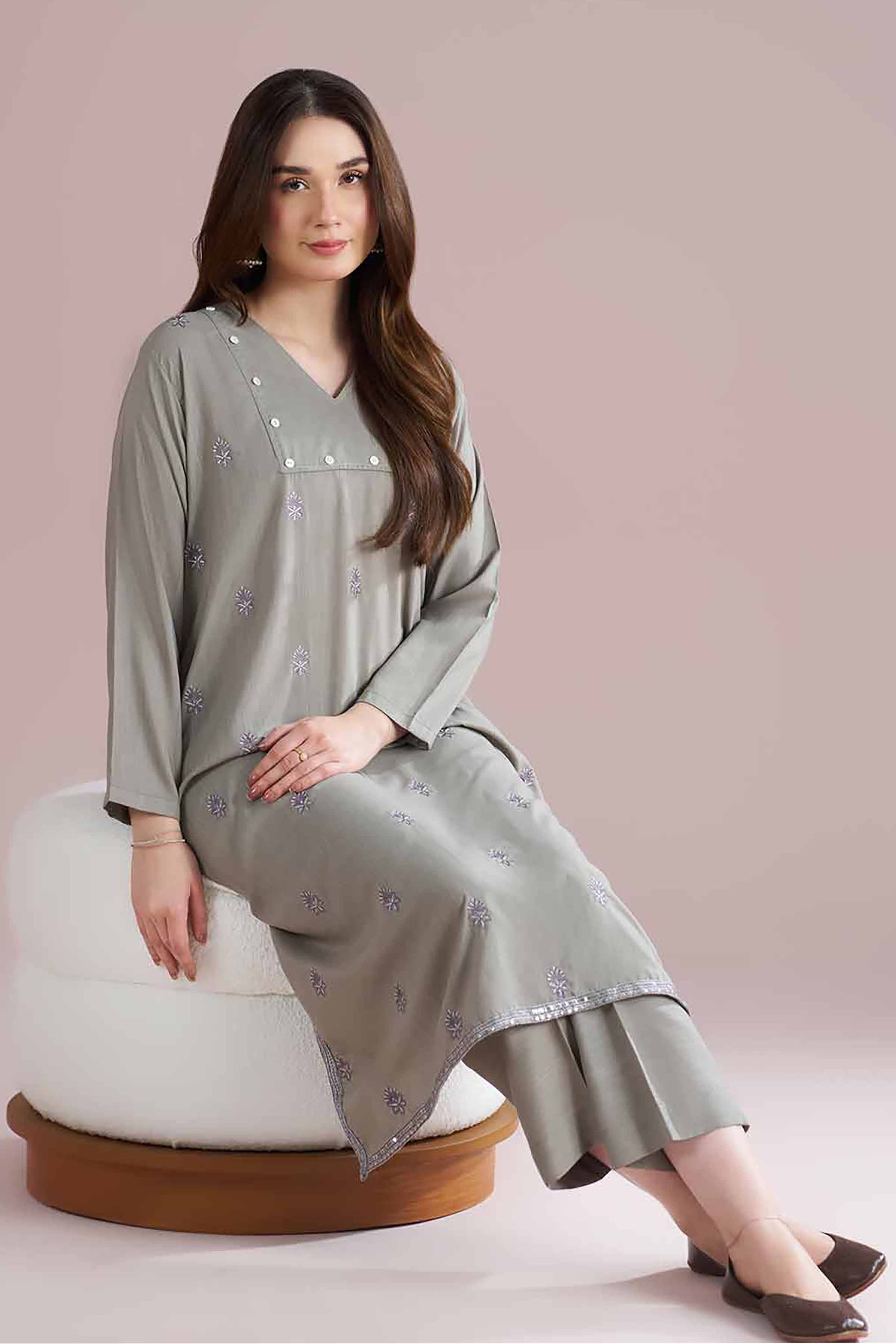 NishatUK - Grey Embroidered Lawn 2-piece ready to wear Dress