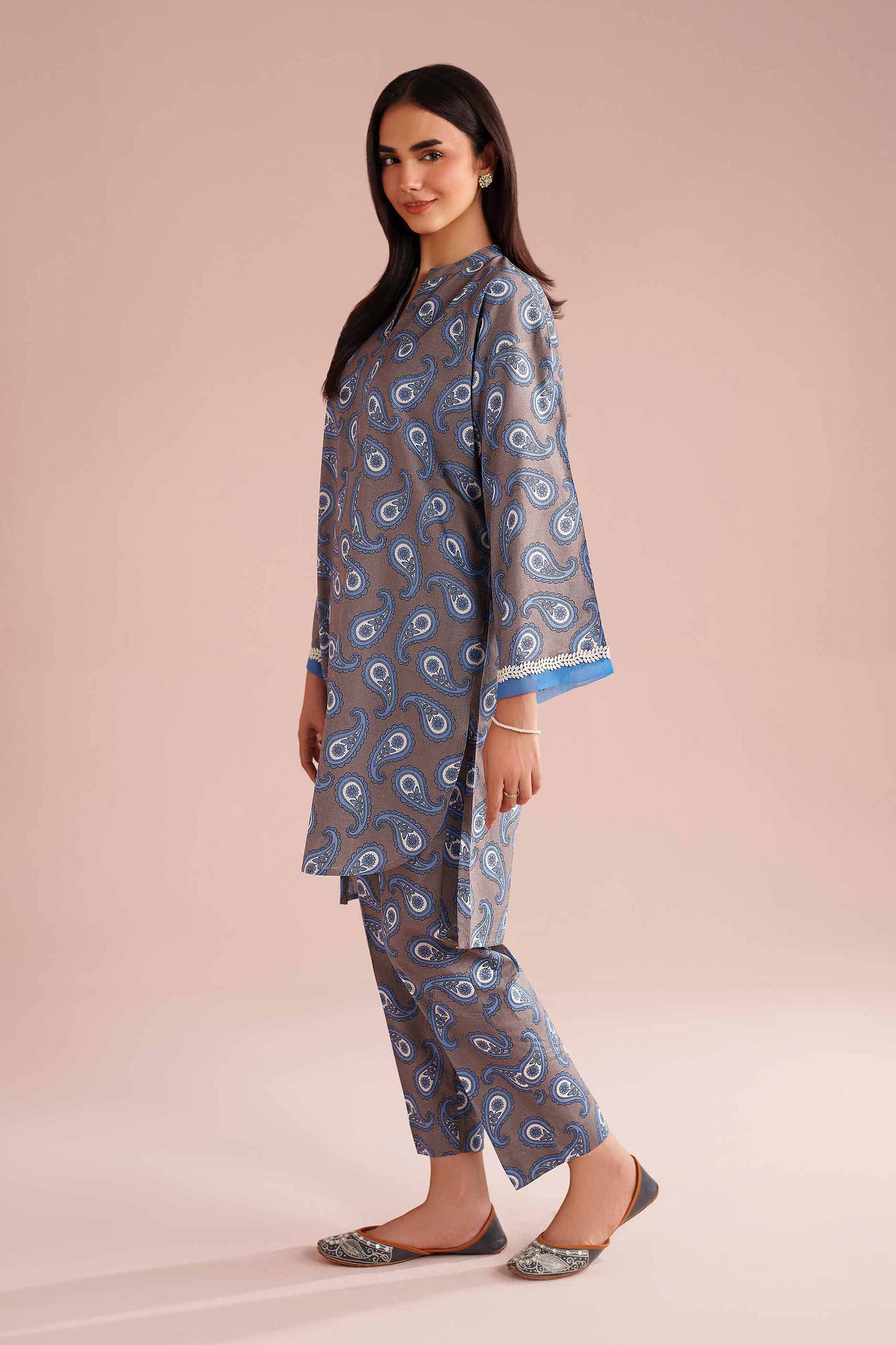 NishatUK - Grey Printed Cambric 2-piece ready to wear Dress