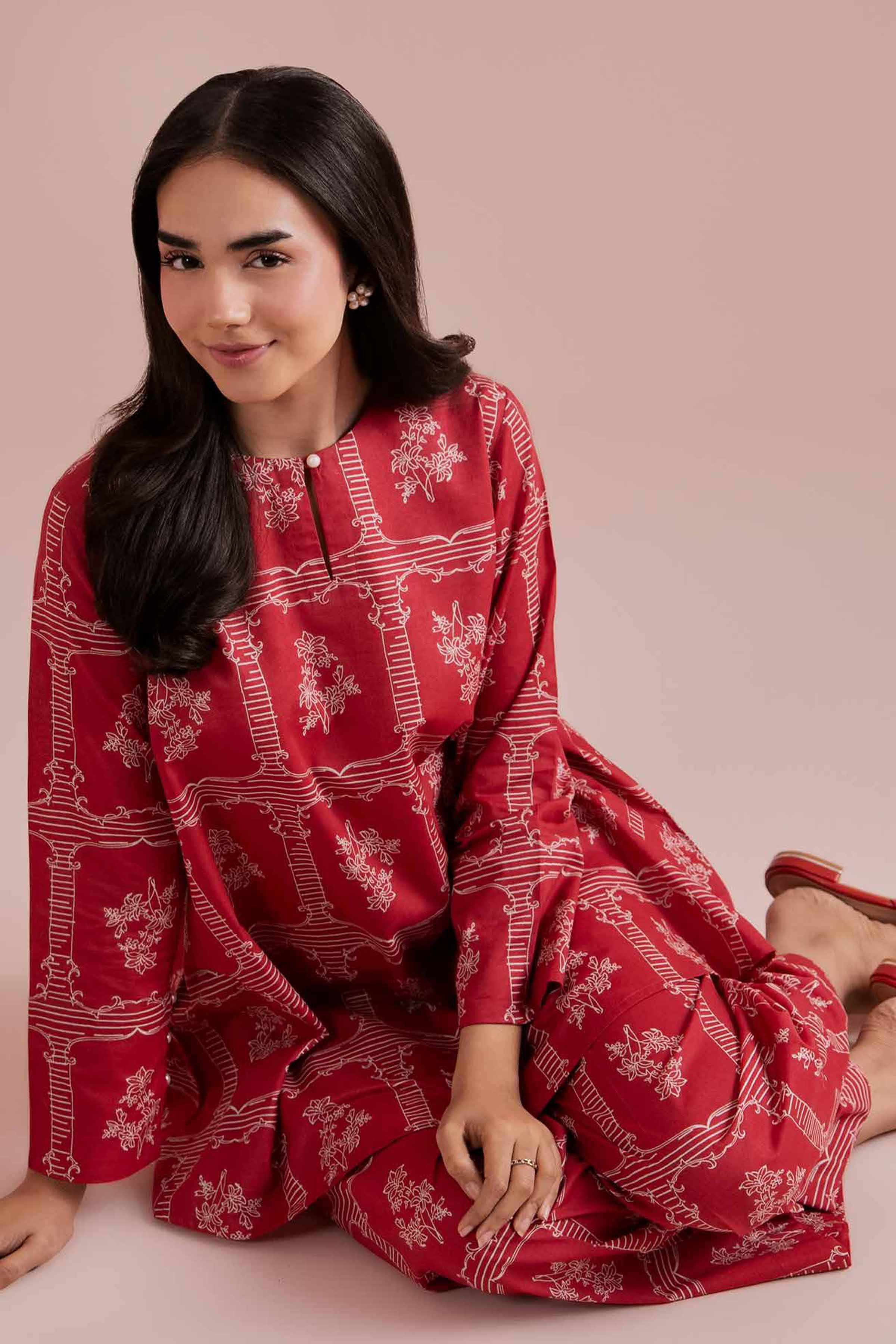 NishatUK - Red Printed Cambric 2-piece ready to wear Dress