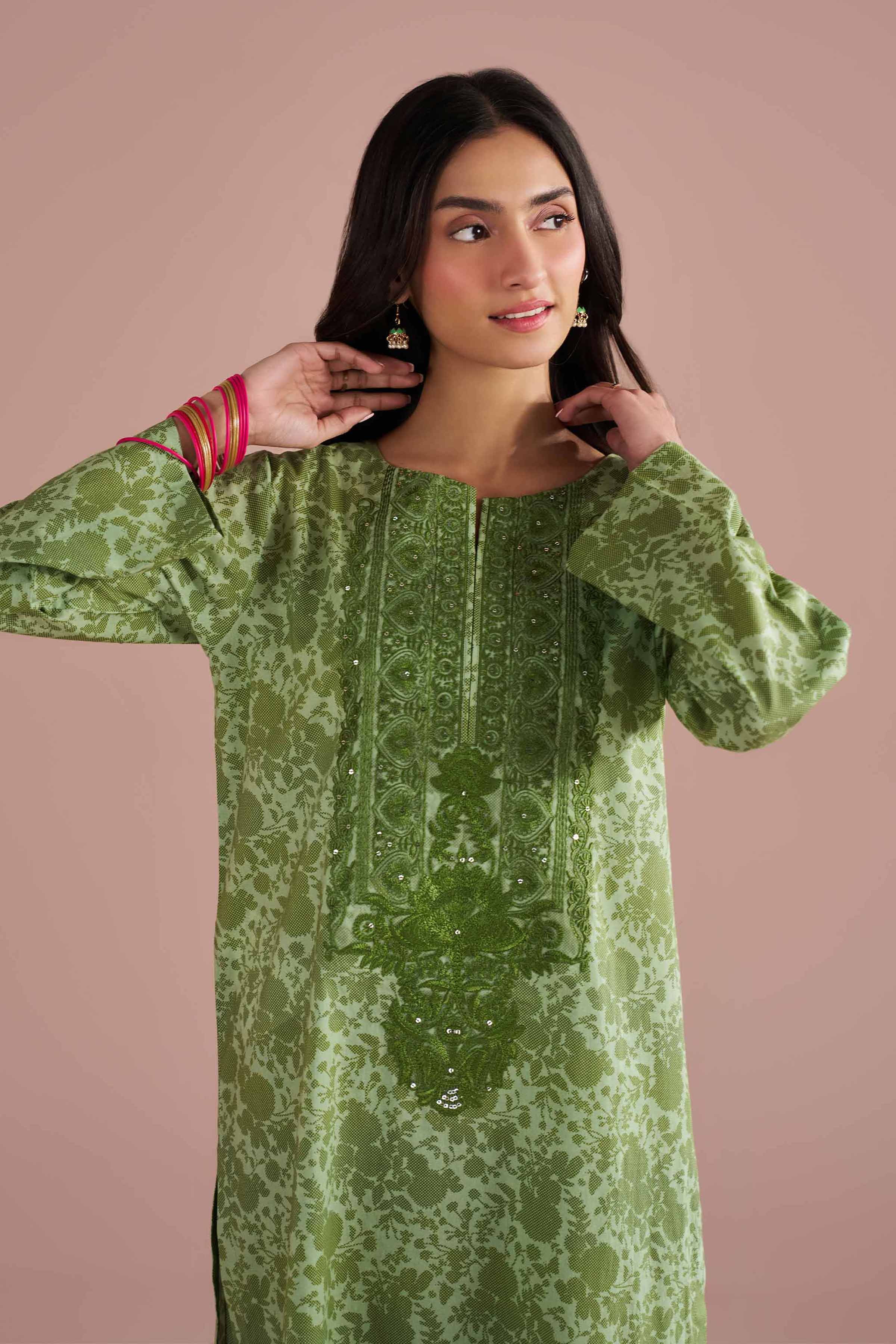 NishatUK - Green Embroidered Cambric 2-piece ready to wear Dress