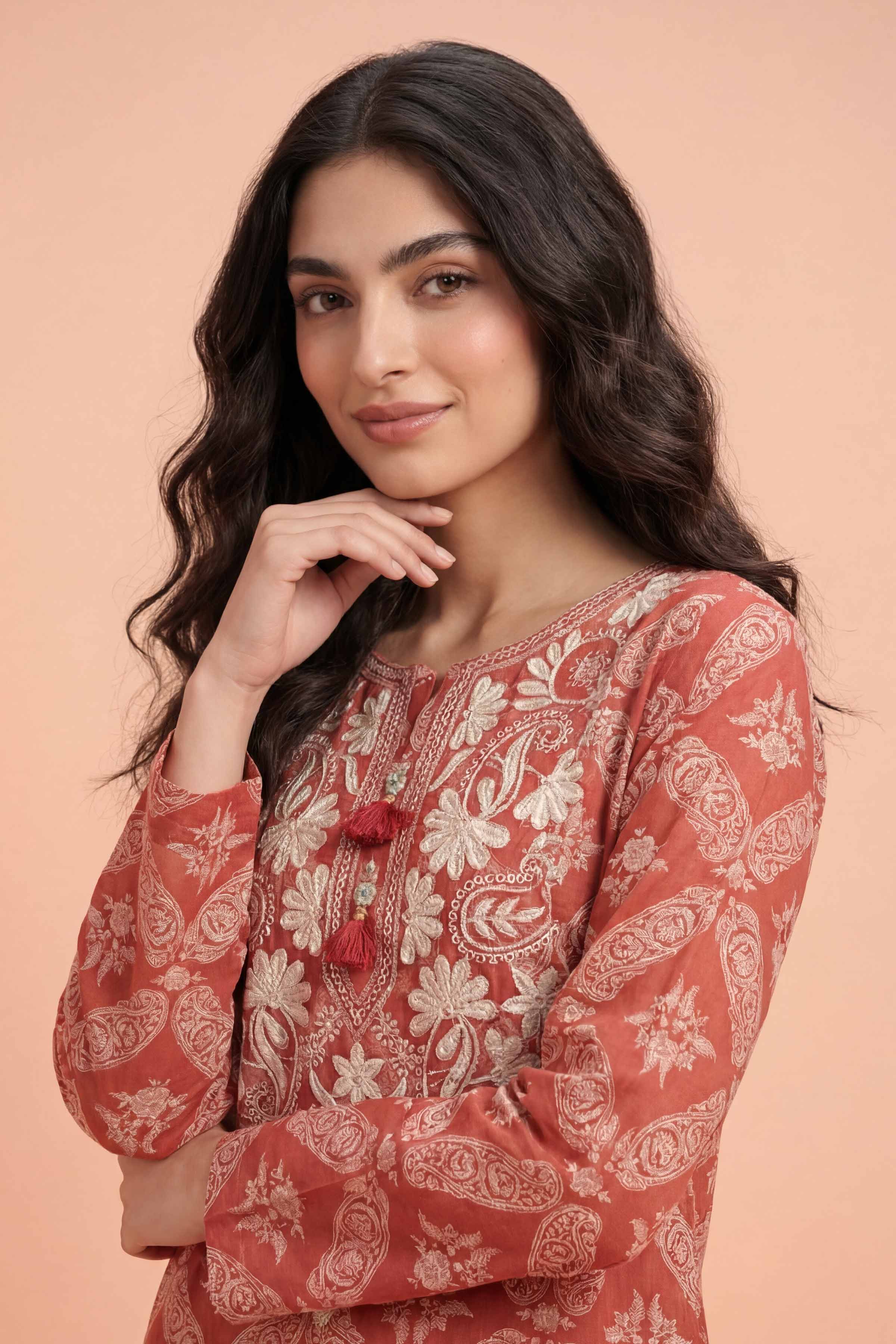 NishatUK - Orange Embroidered Cambric 2-piece ready to wear Dress