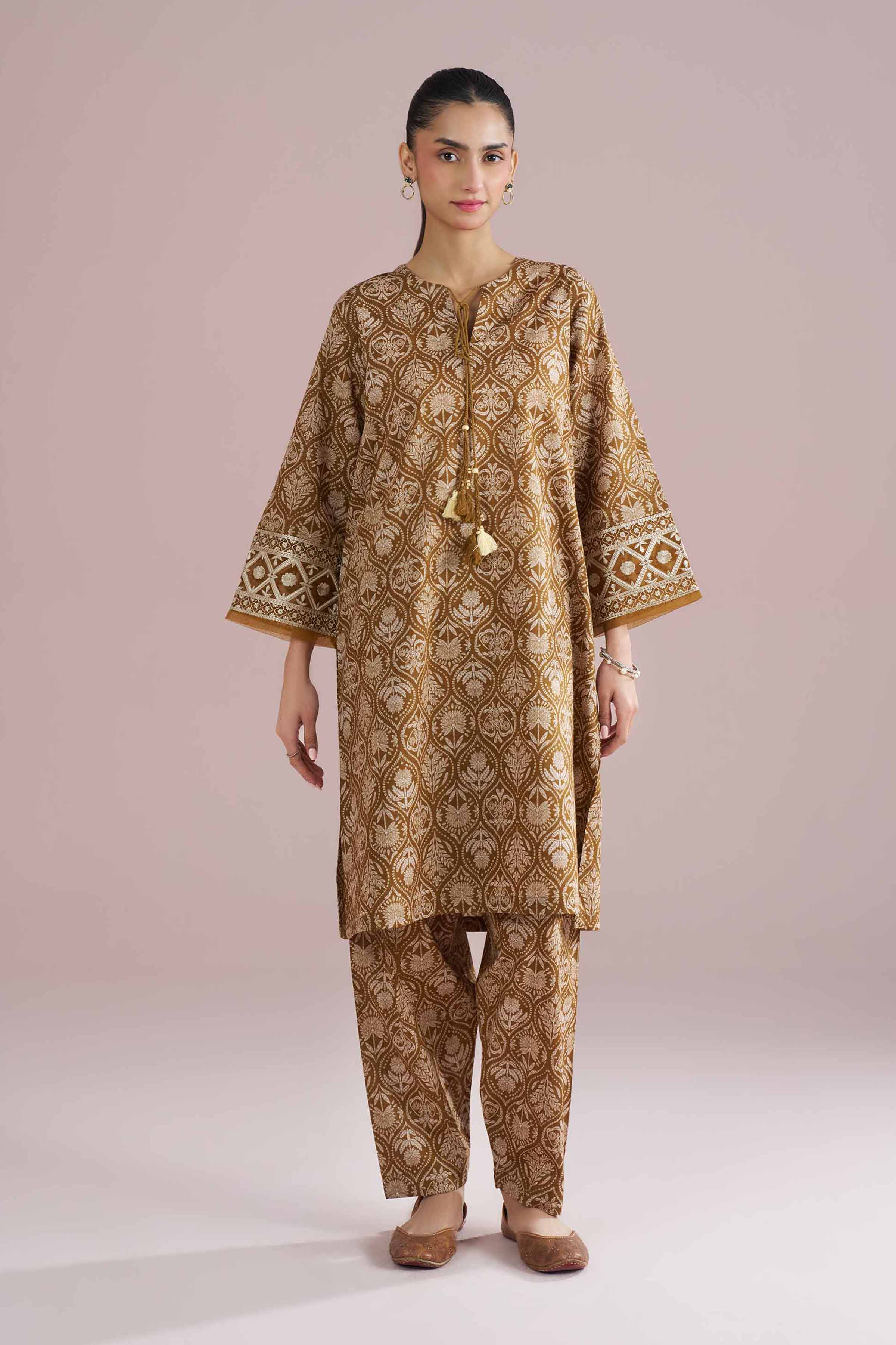 NishatUK - Brown Embroidered Cambric 2-piece ready to wear Dress